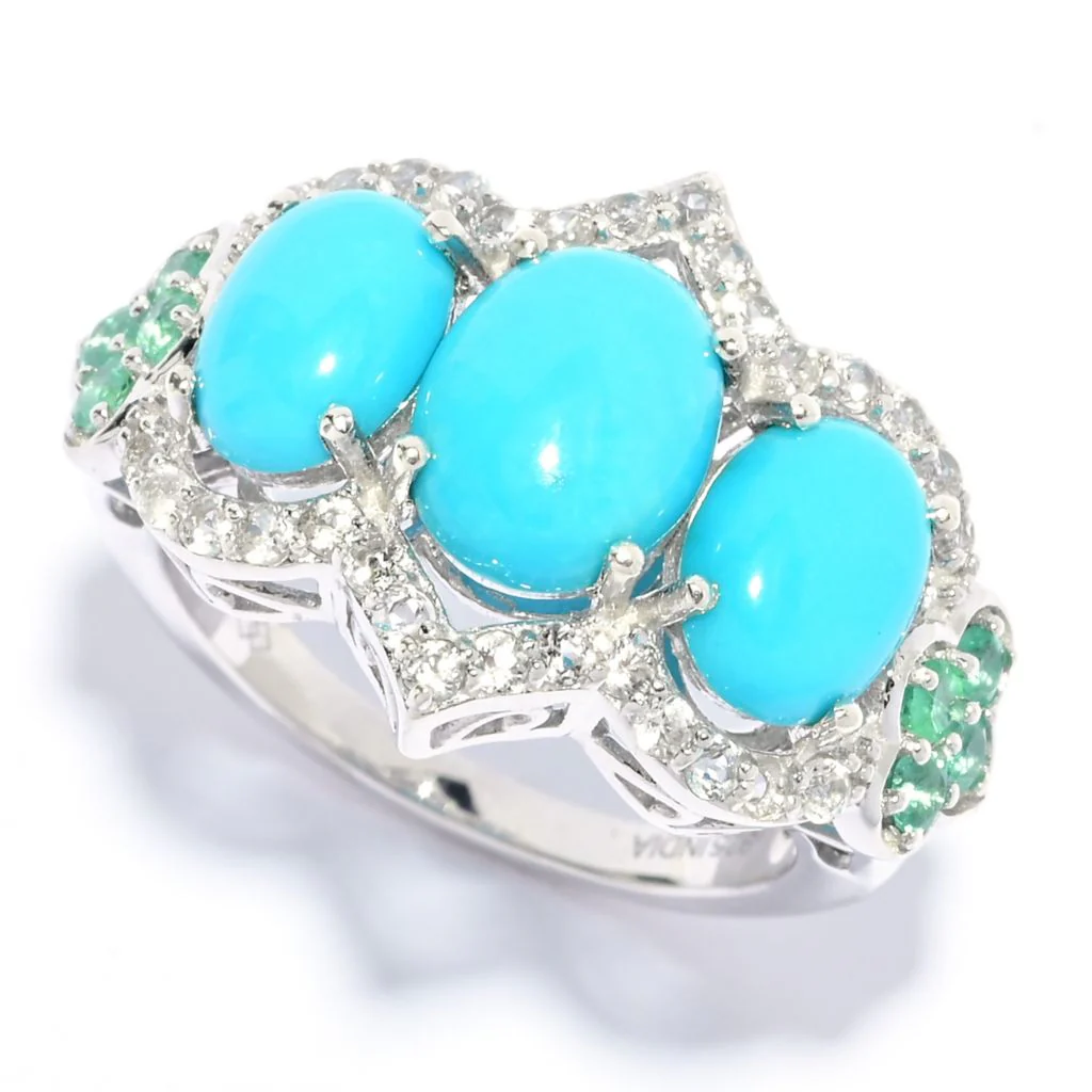 Gem Treasures Sleeping Beauty Turquoise, Emerald & White Zircon Ring - Image 3