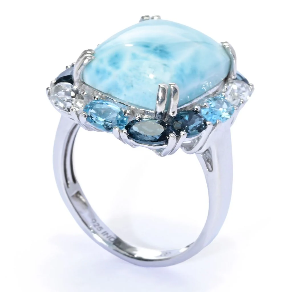 Gem Treasures Sterling Silver 16x12mm Larimar & Multi Topaz Halo Ring - Image 2
