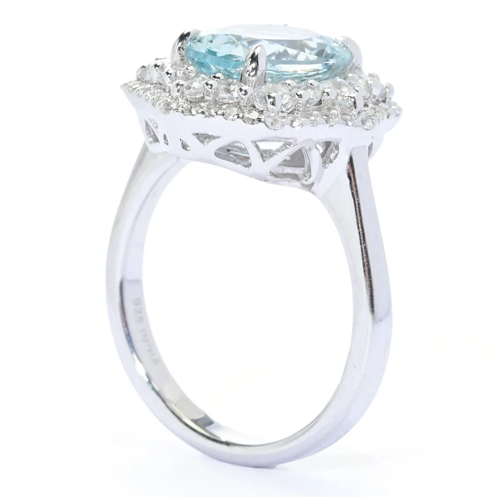 Gem Treasures Sterling Silver 3.30ctw Aquamarine & Zircon Halo Ring - Image 2