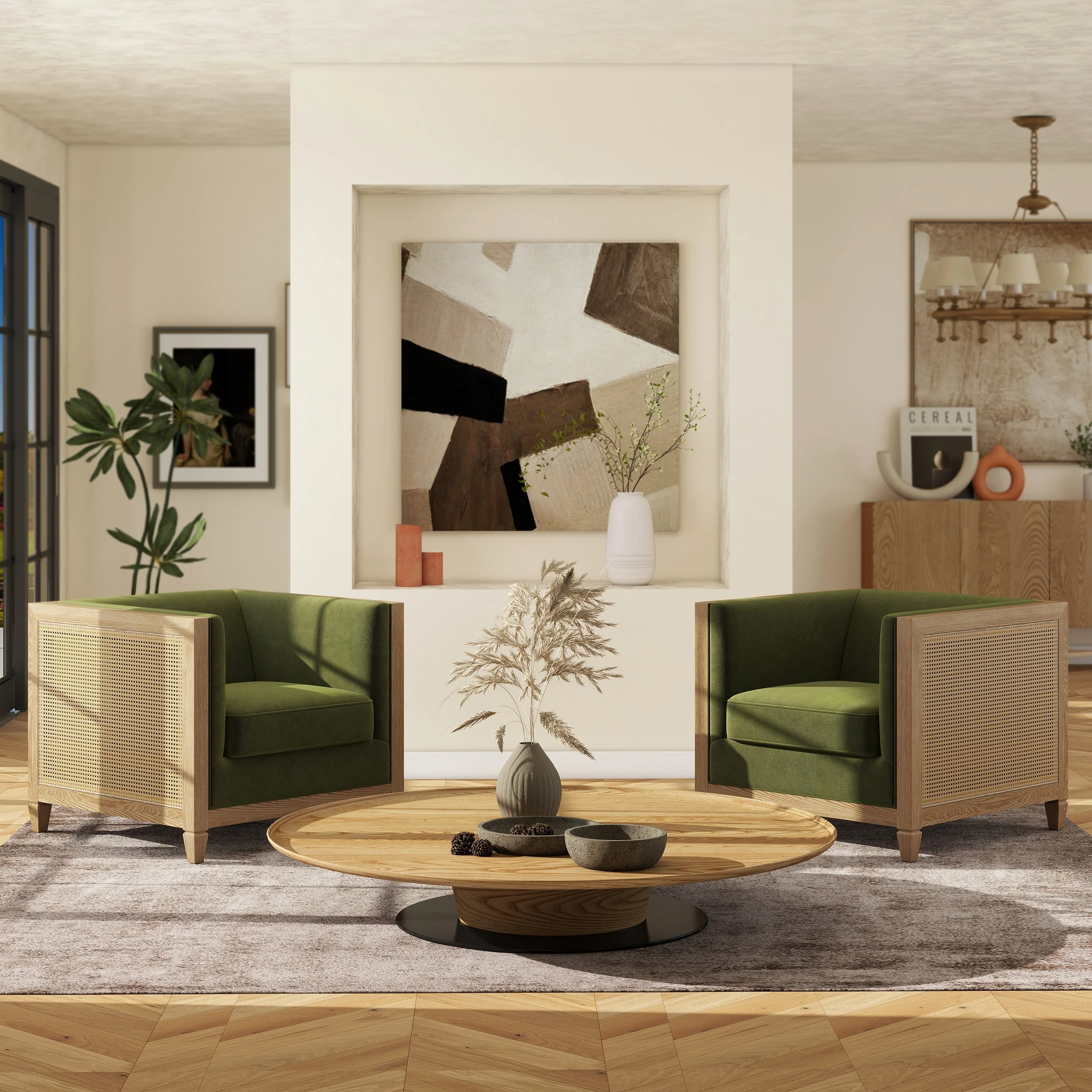 Georgia 34' Cane Rattan Tuxedo Armchair, Olive Green Performance Velvet - Image 2