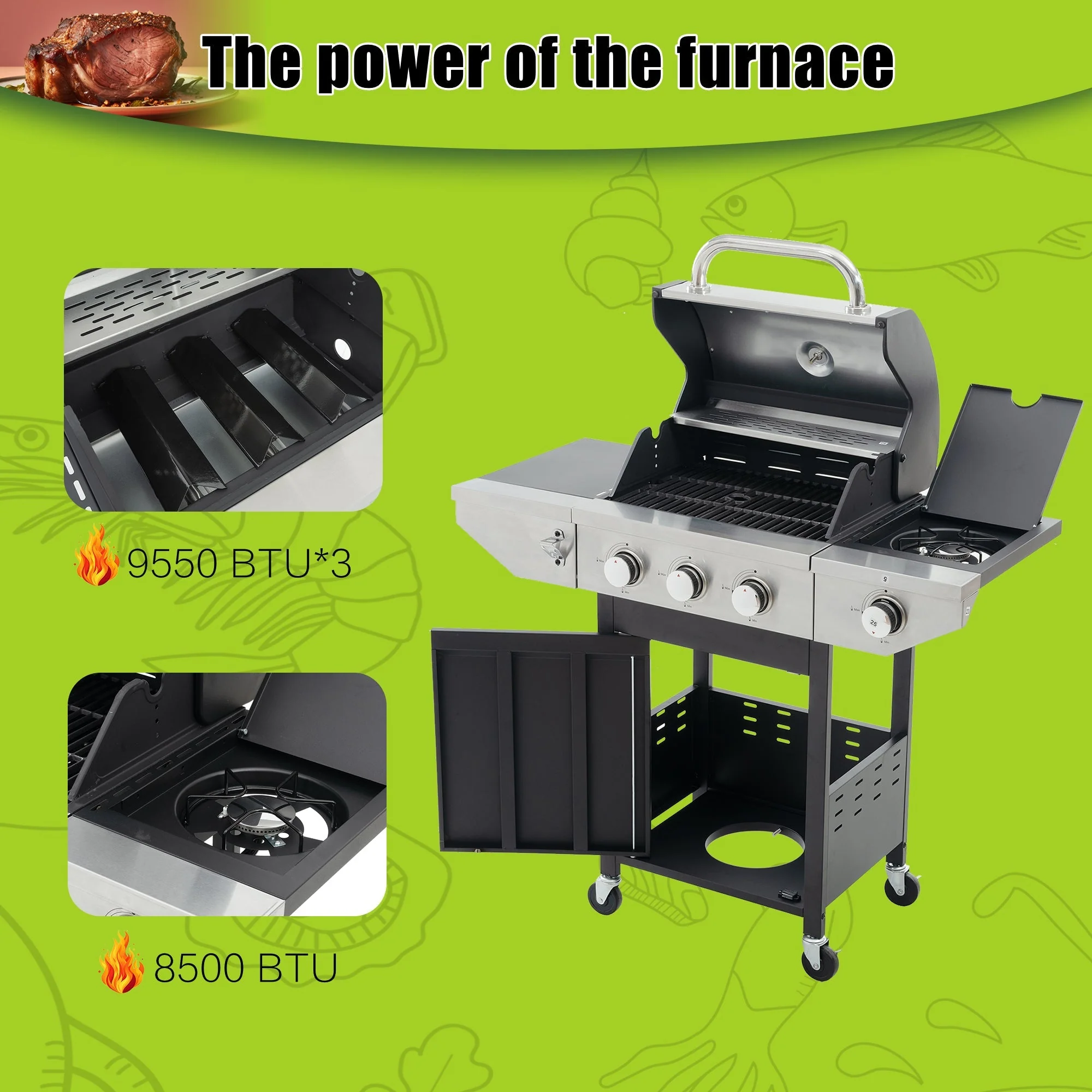GigaTech 3 Burner Stainless Steel Propane Grill with Side Burner - Image 3