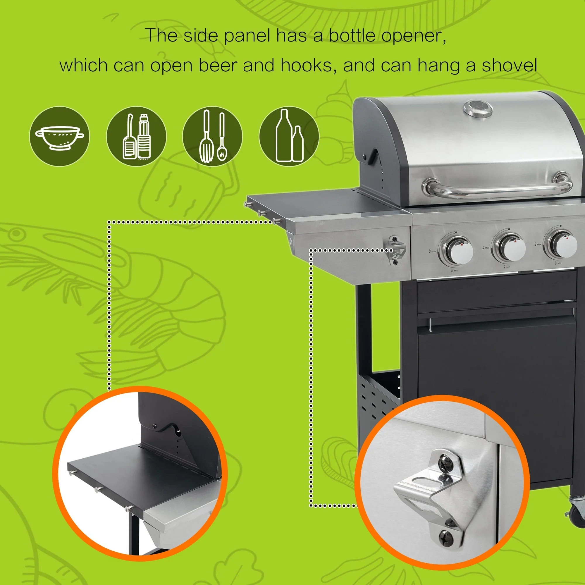 GigaTech 3 Burner Stainless Steel Propane Grill with Side Burner - Image 7