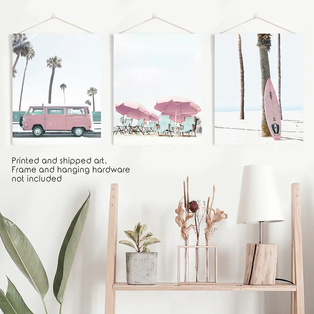 Girl's Nursery Beach Wall Art. Pink Surfboard, Bus, Umbrella - Image 10