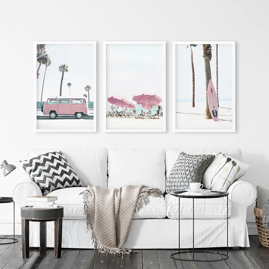 Girl's Nursery Beach Wall Art. Pink Surfboard, Bus, Umbrella - Image 2
