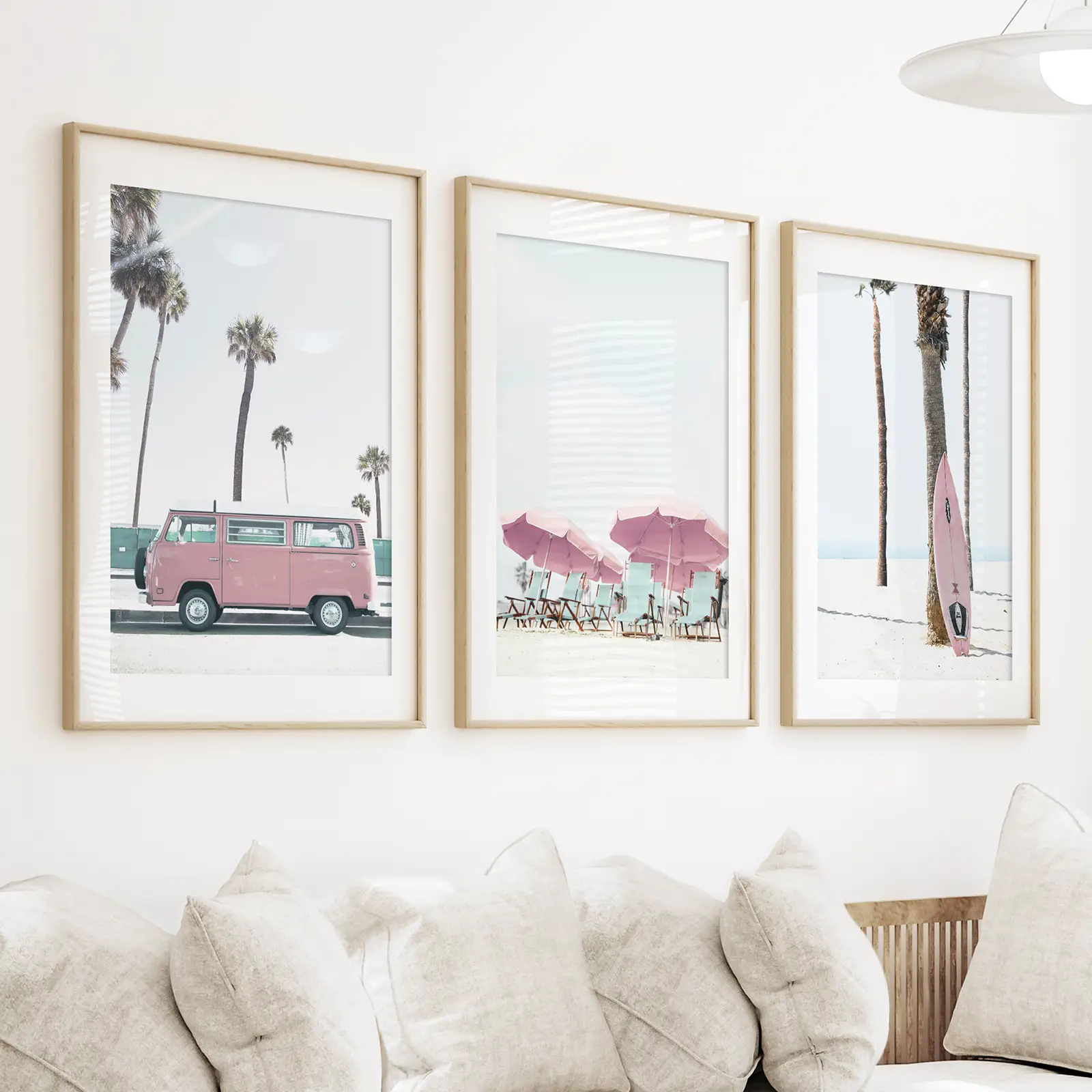 Girl's Nursery Beach Wall Art. Pink Surfboard, Bus, Umbrella - Image 3