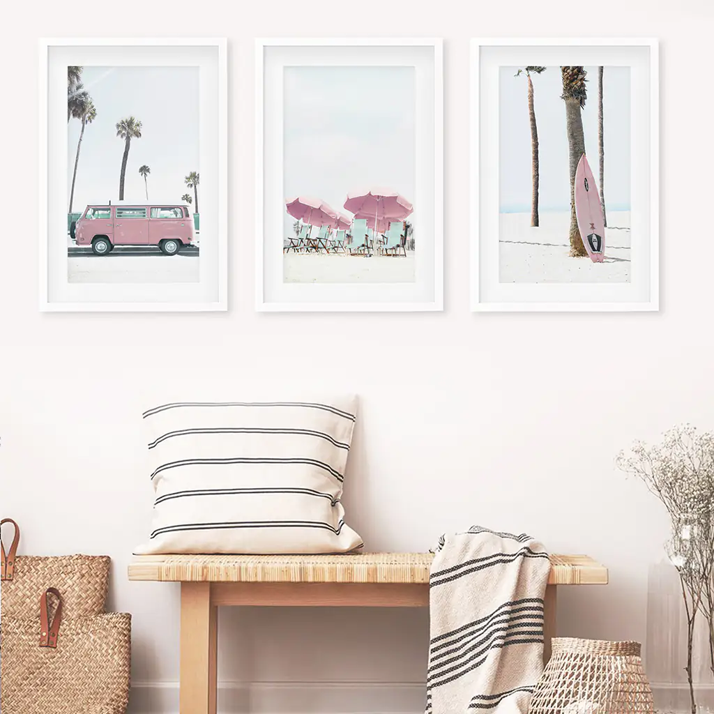 Girl's Nursery Beach Wall Art. Pink Surfboard, Bus, Umbrella - Image 4