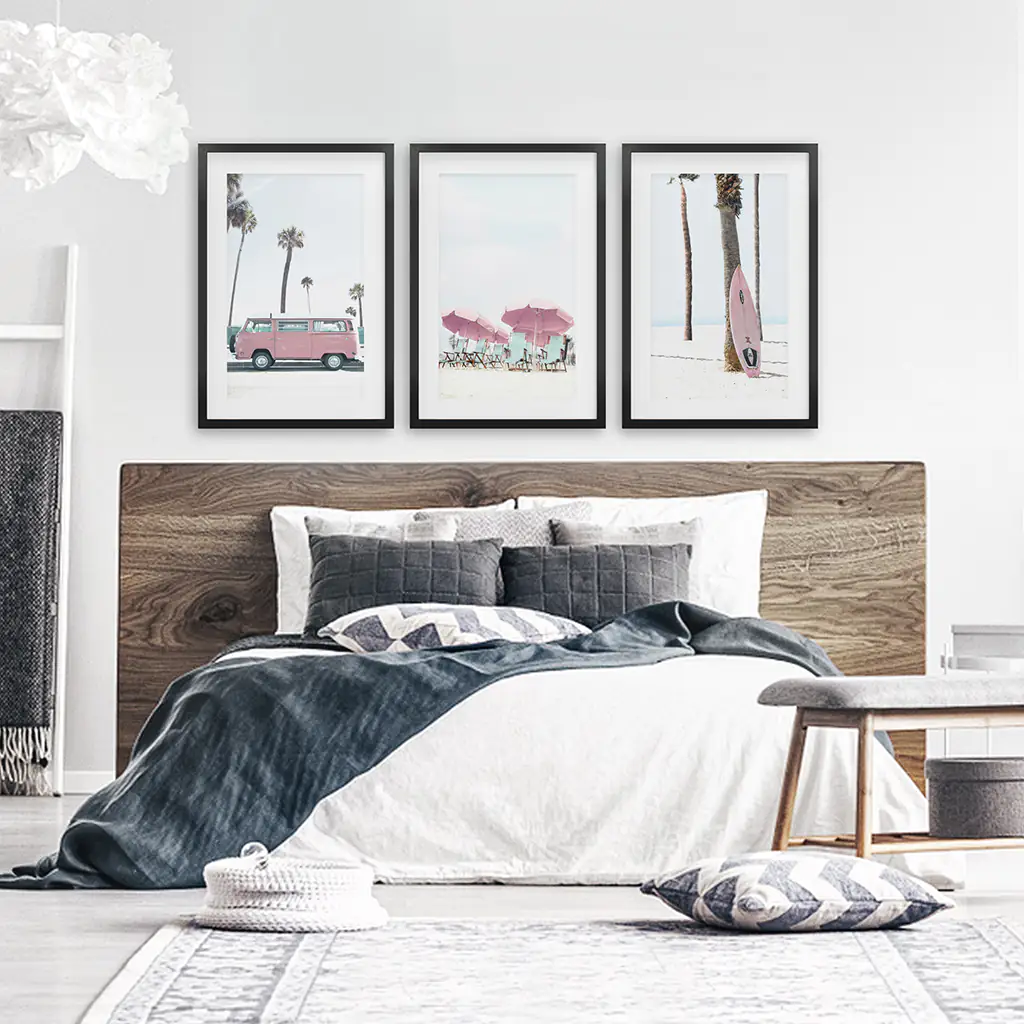 Girl's Nursery Beach Wall Art. Pink Surfboard, Bus, Umbrella - Image 5