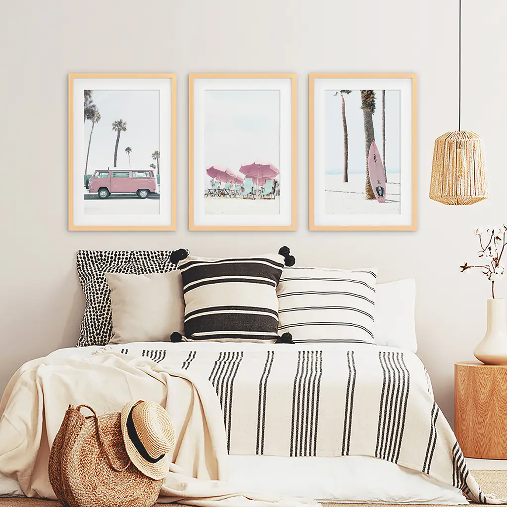 Girl's Nursery Beach Wall Art. Pink Surfboard, Bus, Umbrella - Image 7