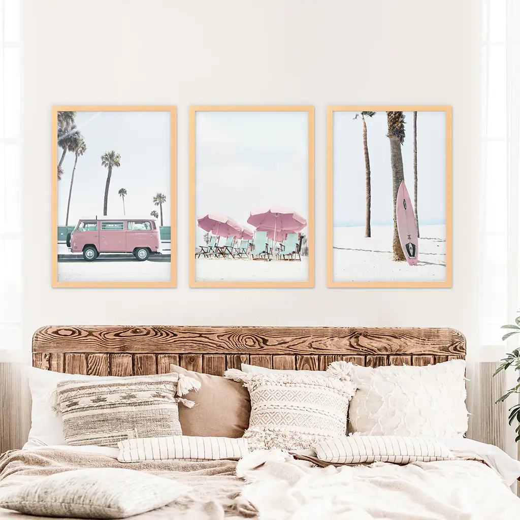 Girl's Nursery Beach Wall Art. Pink Surfboard, Bus, Umbrella - Image 8