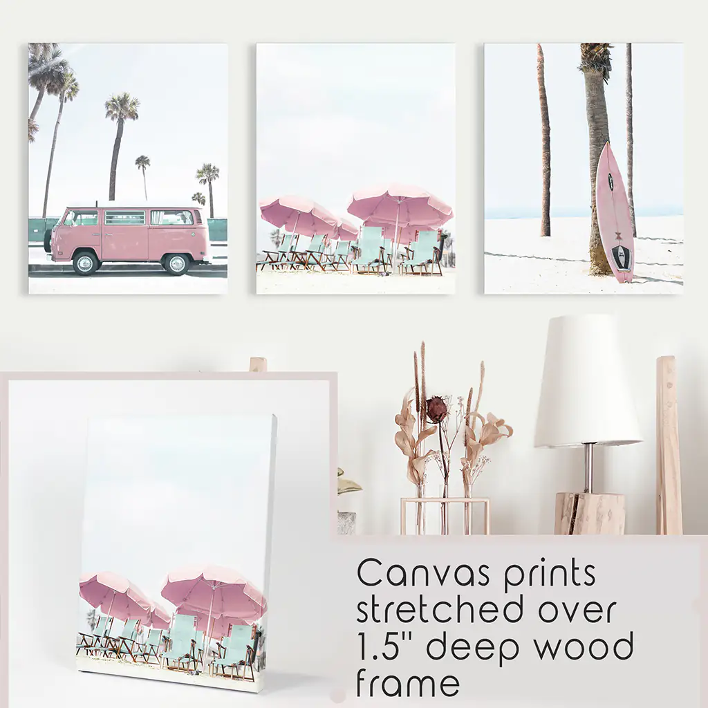 Girl's Nursery Beach Wall Art. Pink Surfboard, Bus, Umbrella - Image 9