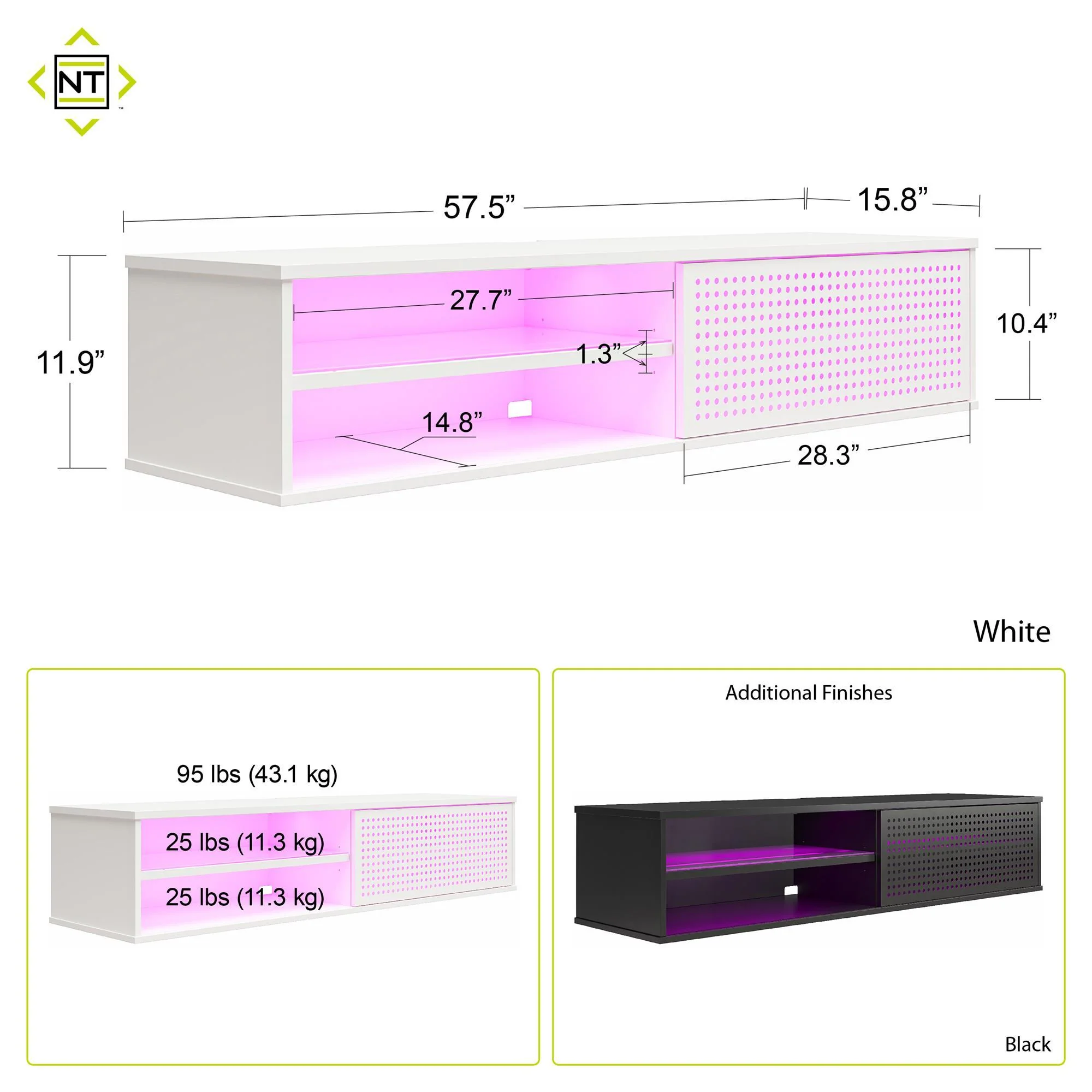 Glitch - Floating TV Stand For TVs Up To 60" With RGB Lighting And Sliding Door - White - Image 2