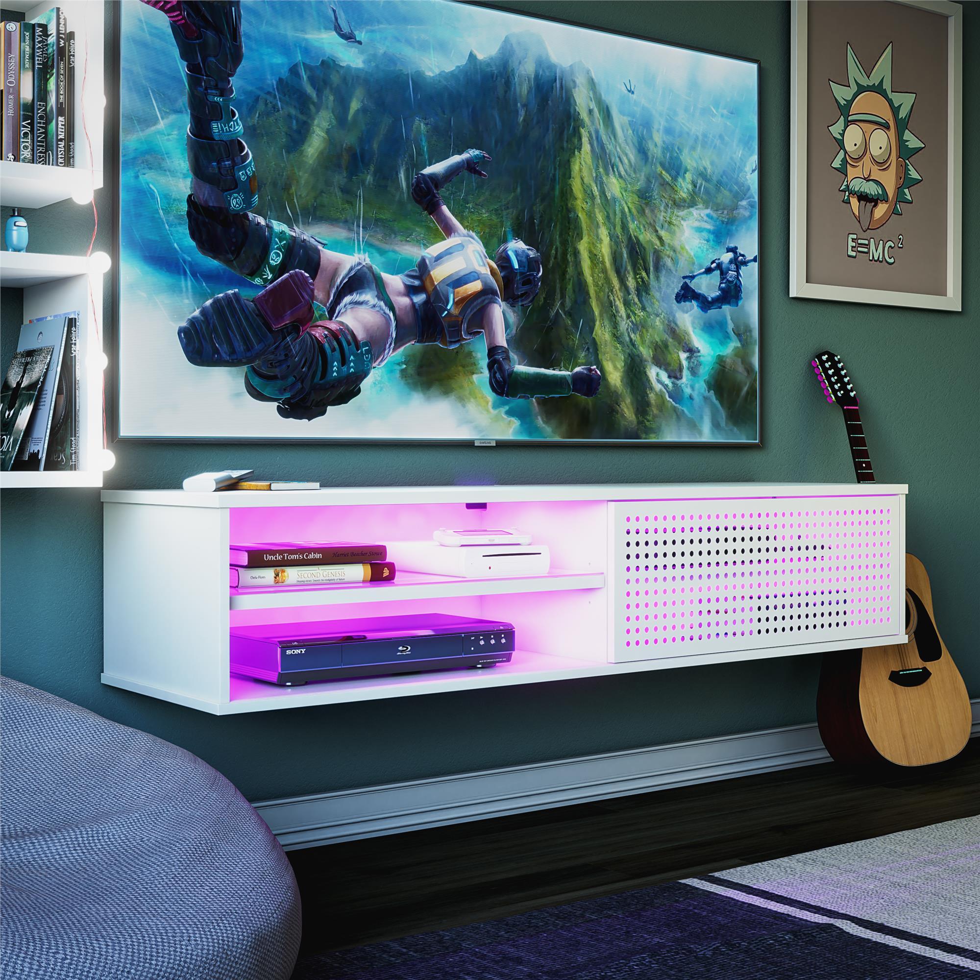 Glitch - Floating TV Stand For TVs Up To 60" With RGB Lighting And Sliding Door - White - Image 3