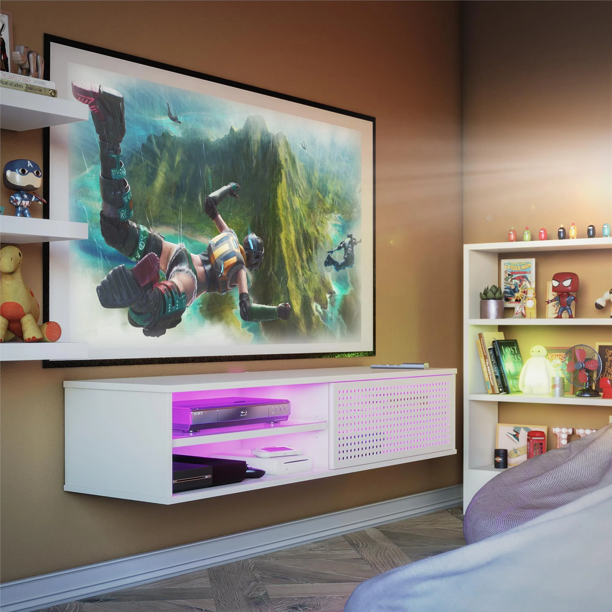 Glitch - Floating TV Stand For TVs Up To 60" With RGB Lighting And Sliding Door - White - Image 4