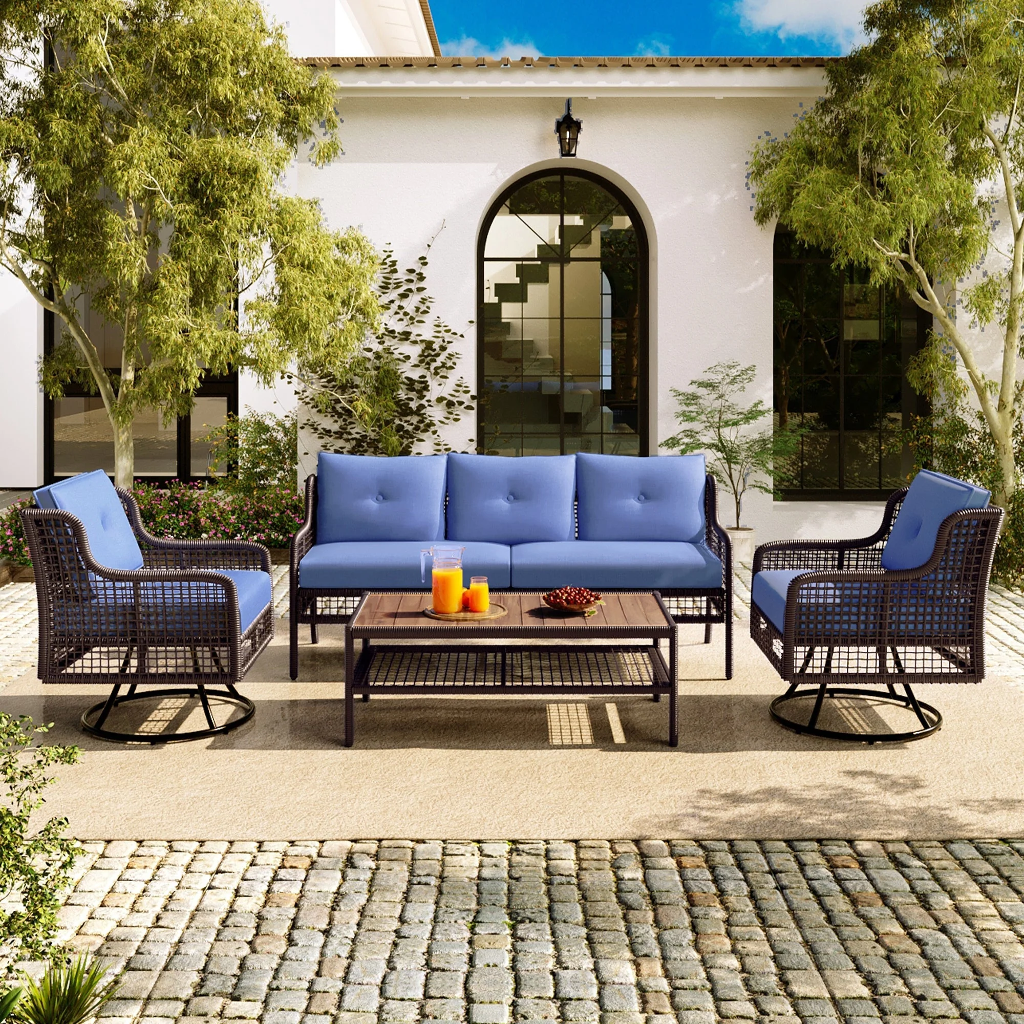 GO 4 Pieces Patio Furniture Set with Swivel Chairs Outdoor Wicker Sofas - Image 3