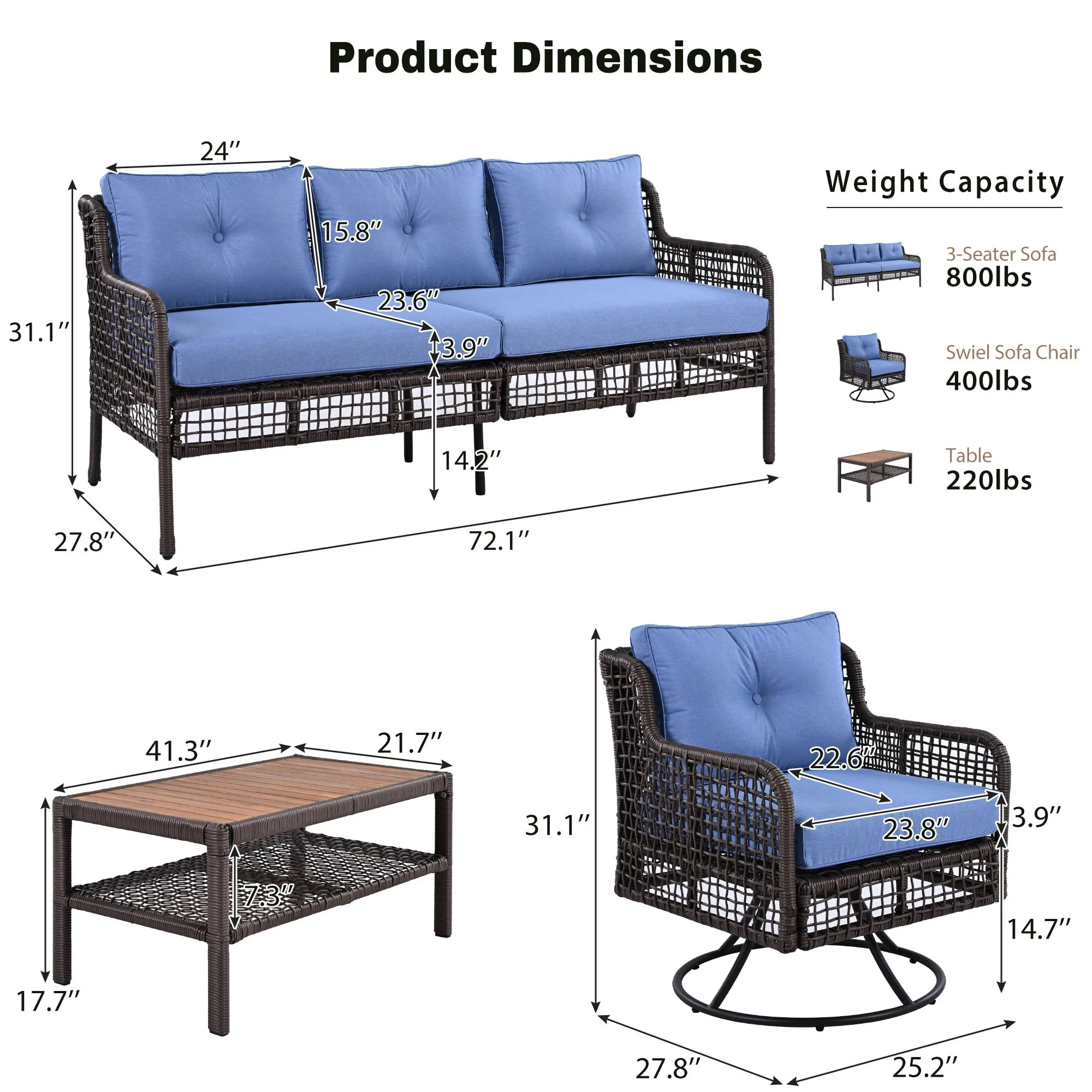 GO 4 Pieces Patio Furniture Set with Swivel Chairs Outdoor Wicker Sofas - Image 7