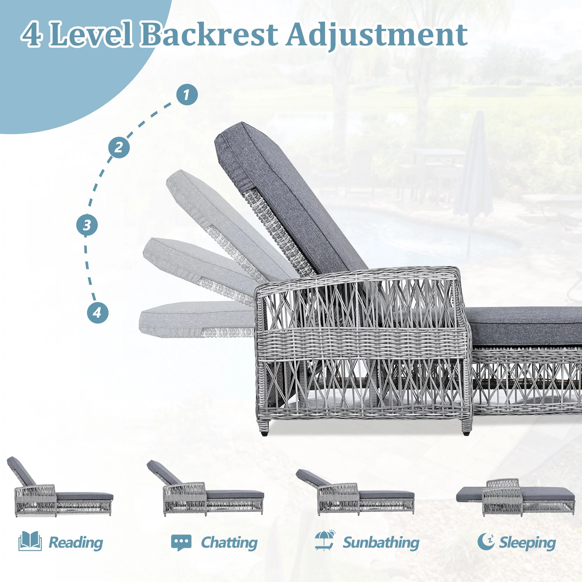 GO Outdoor Long Reclining Chaise with Armrests and Cushions - Image 5