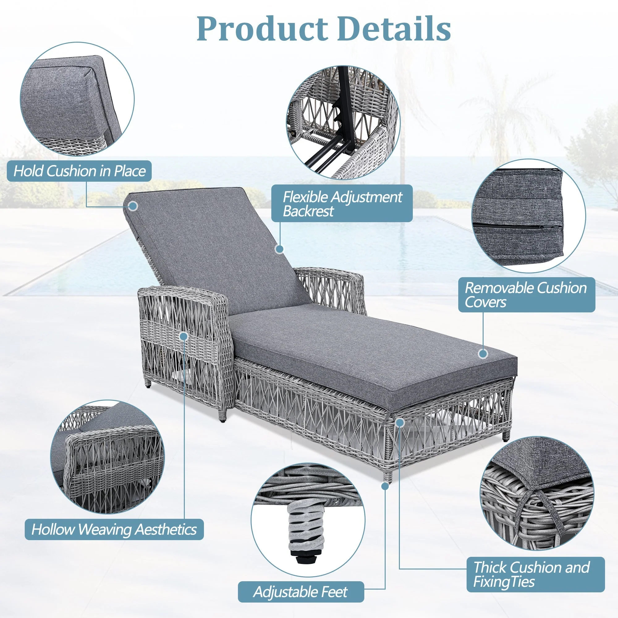 GO Outdoor Long Reclining Chaise with Armrests and Cushions - Image 6
