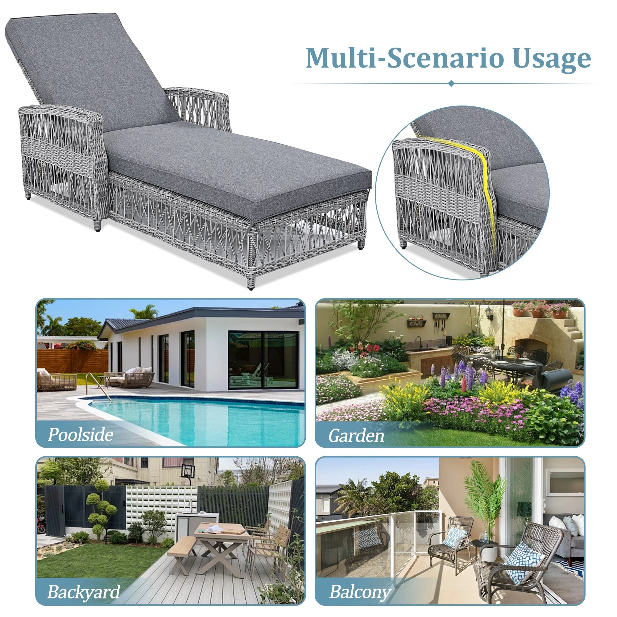 GO Outdoor Long Reclining Chaise with Armrests and Cushions - Image 7