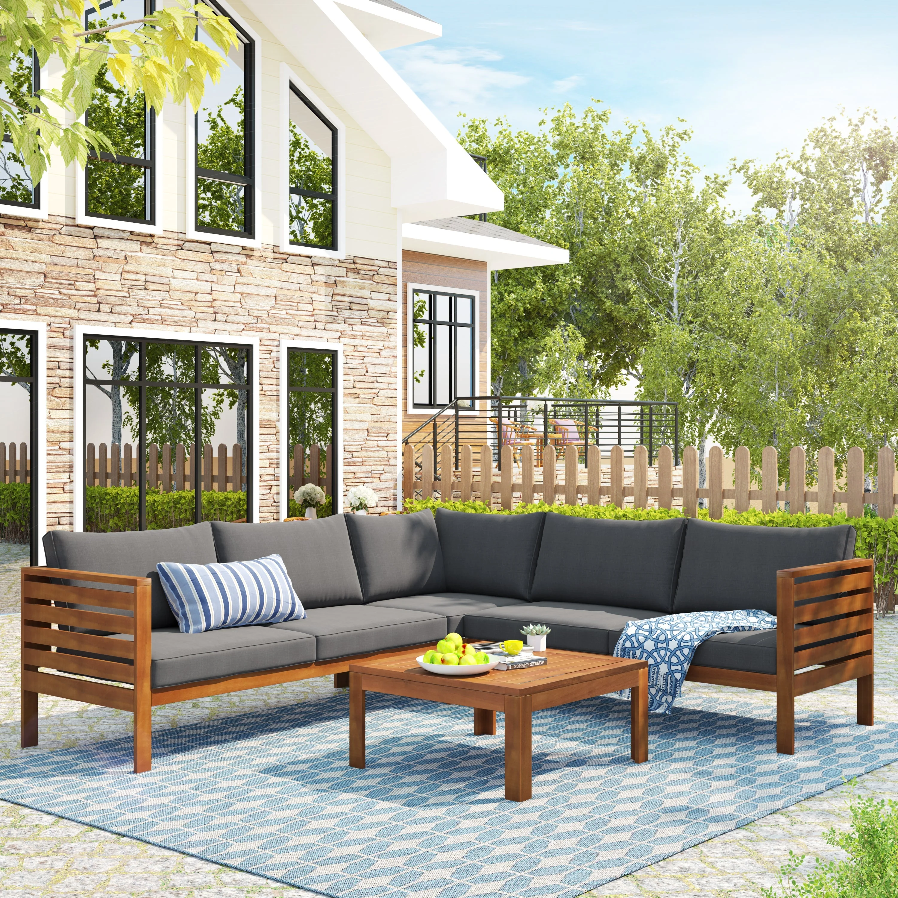 GO Wood Structure Outdoor Sofa Set with Gray Cushions - Image 2