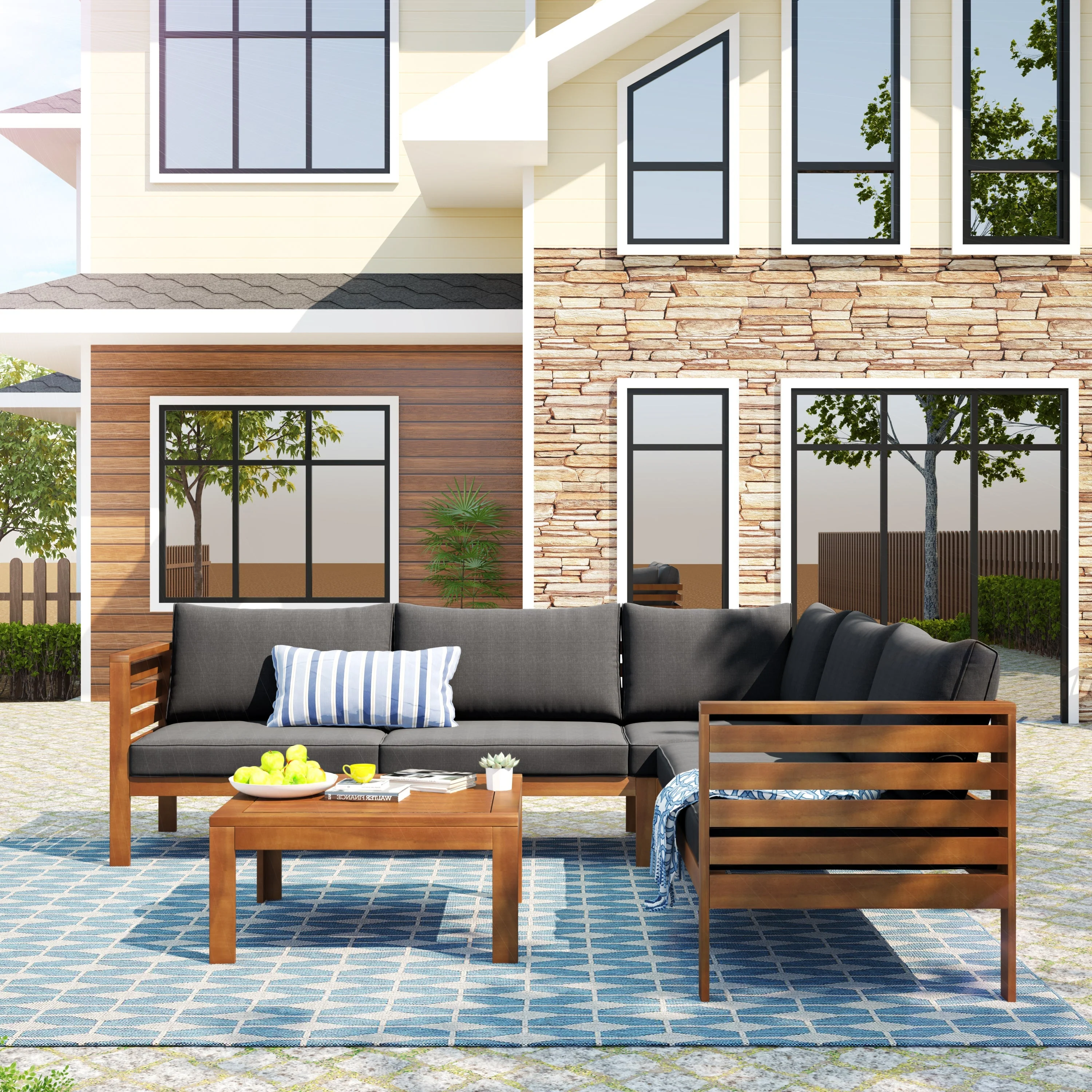 GO Wood Structure Outdoor Sofa Set with Gray Cushions - Image 3