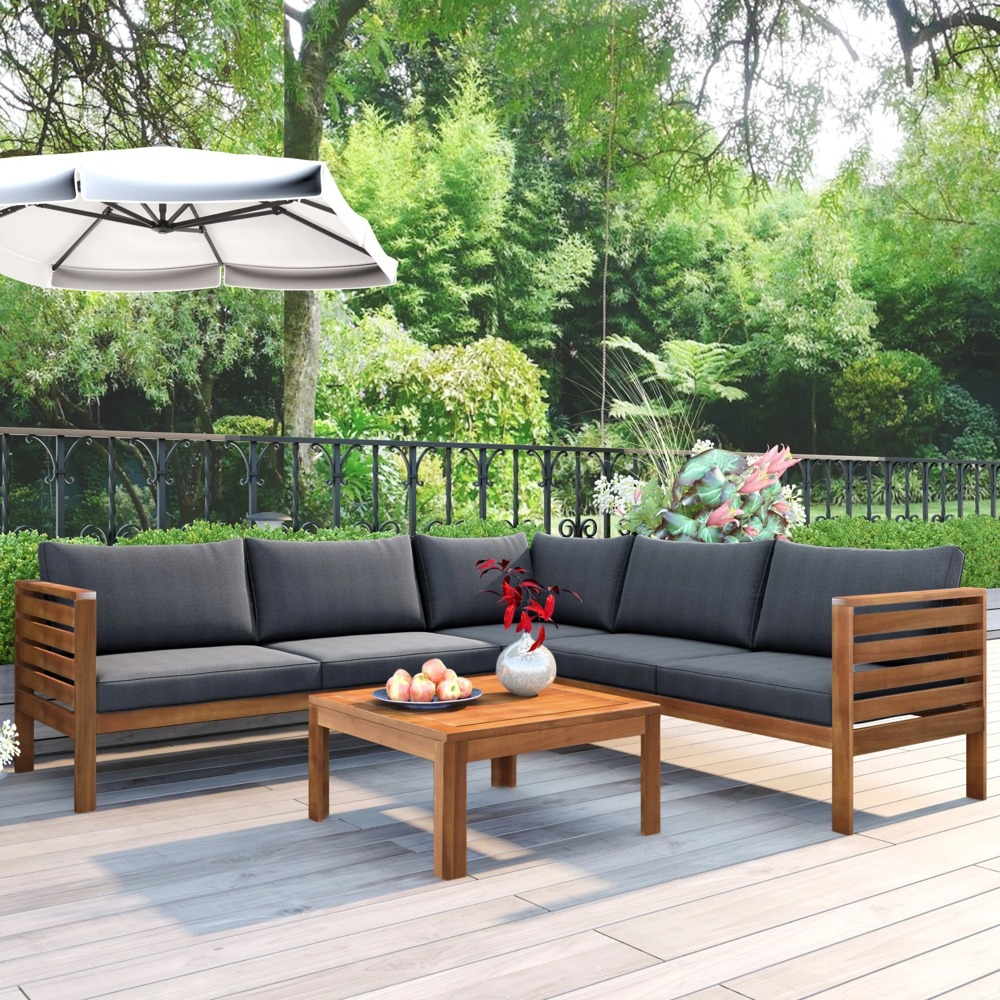 GO Wood Structure Outdoor Sofa Set with Gray Cushions - Image 4