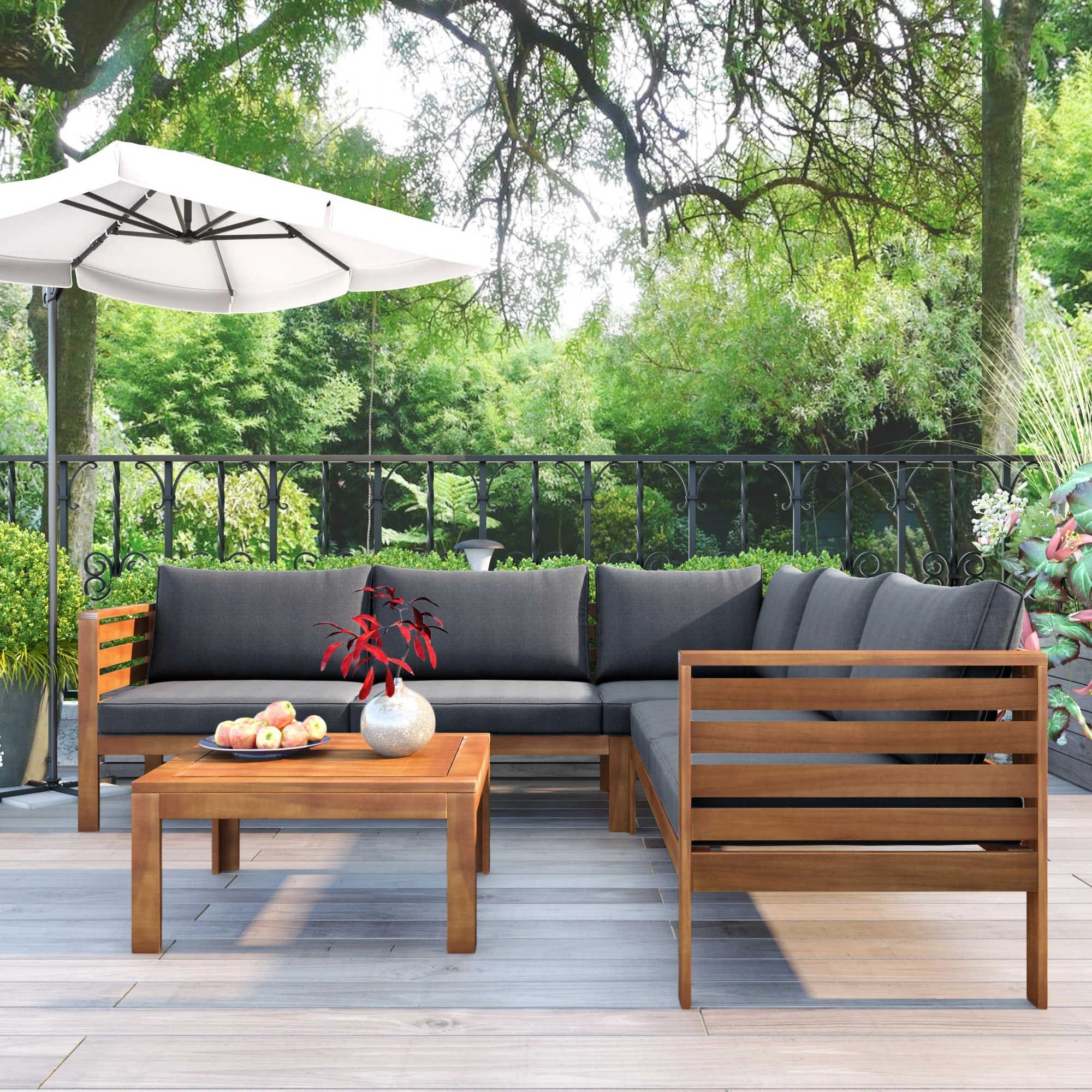 GO Wood Structure Outdoor Sofa Set with Gray Cushions - Image 5