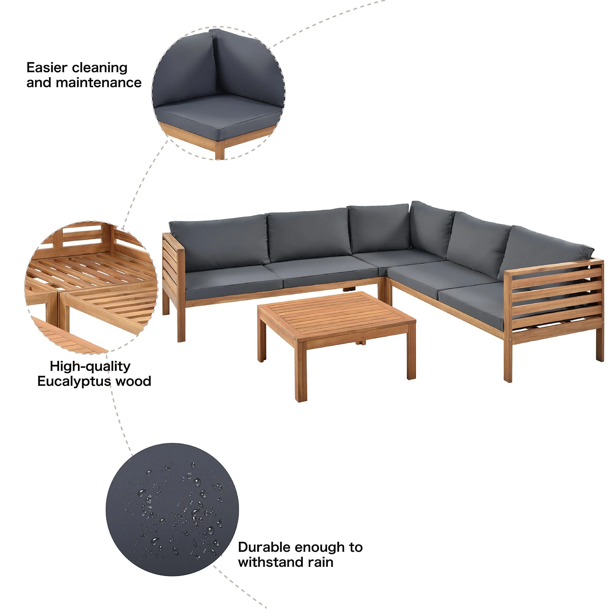 GO Wood Structure Outdoor Sofa Set with Gray Cushions - Image 6
