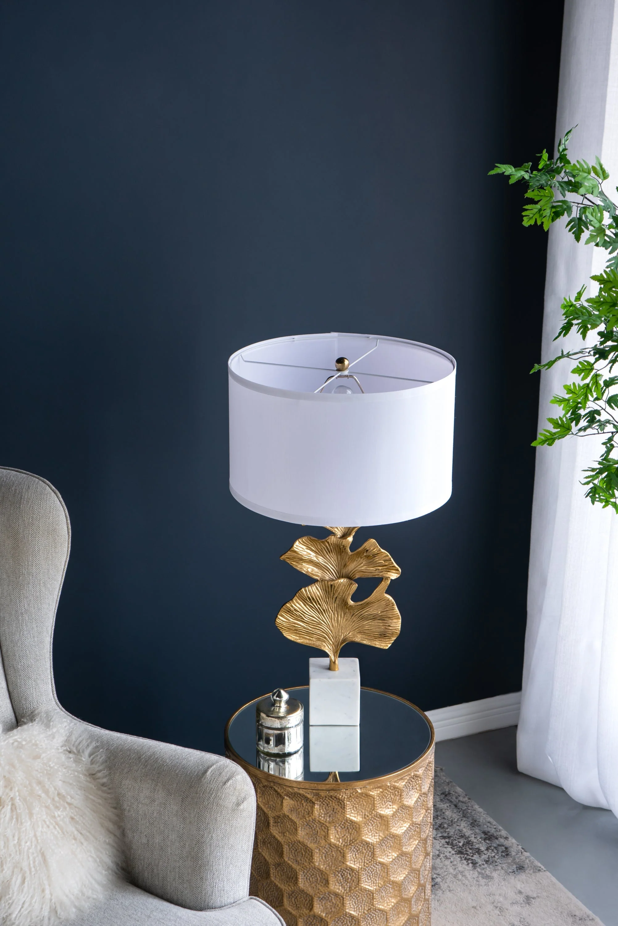 Gold Ginkgo Leaf Table Lamp with Marble Base and White Drum Shade - Image 10