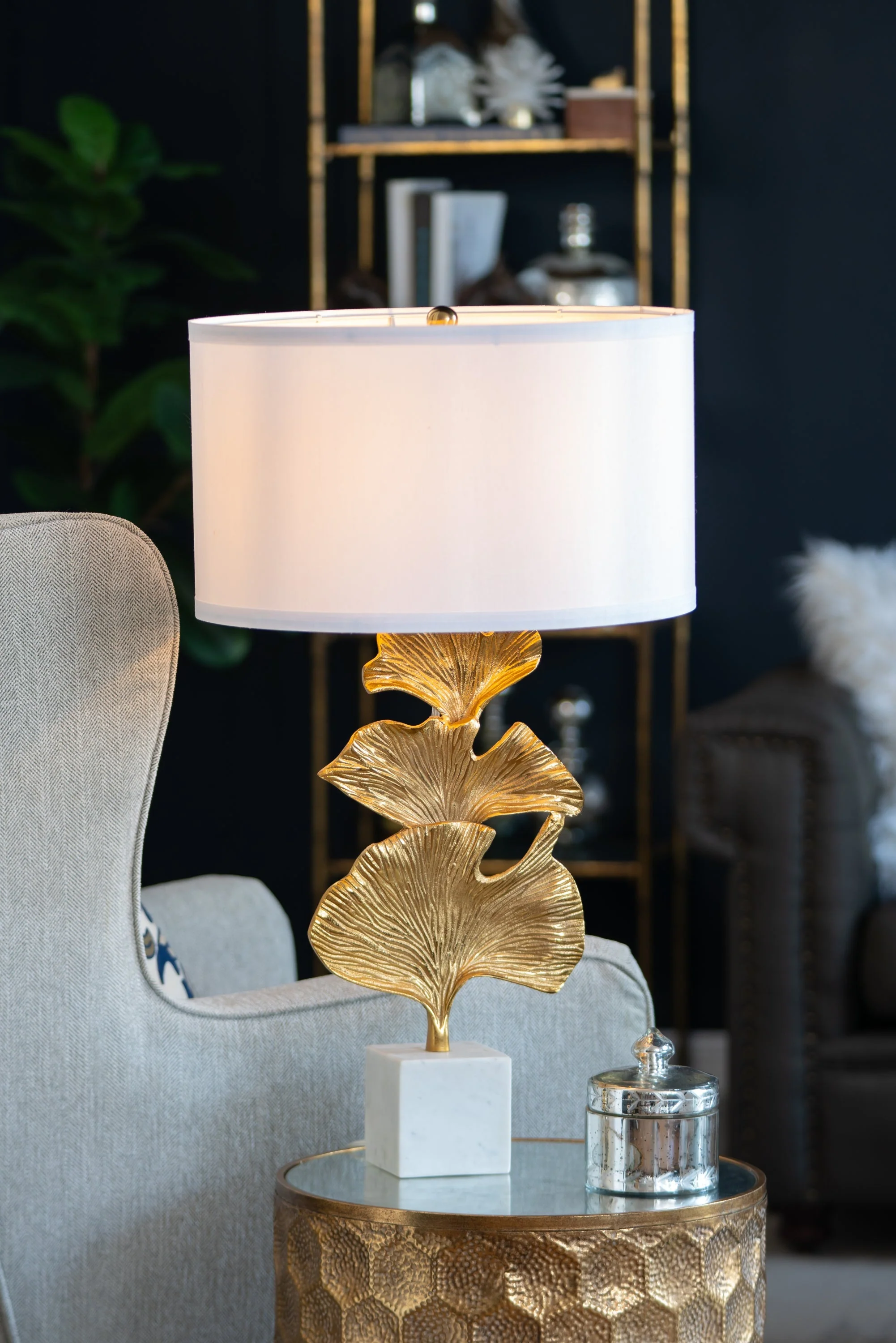 Gold Ginkgo Leaf Table Lamp with Marble Base and White Drum Shade - Image 11