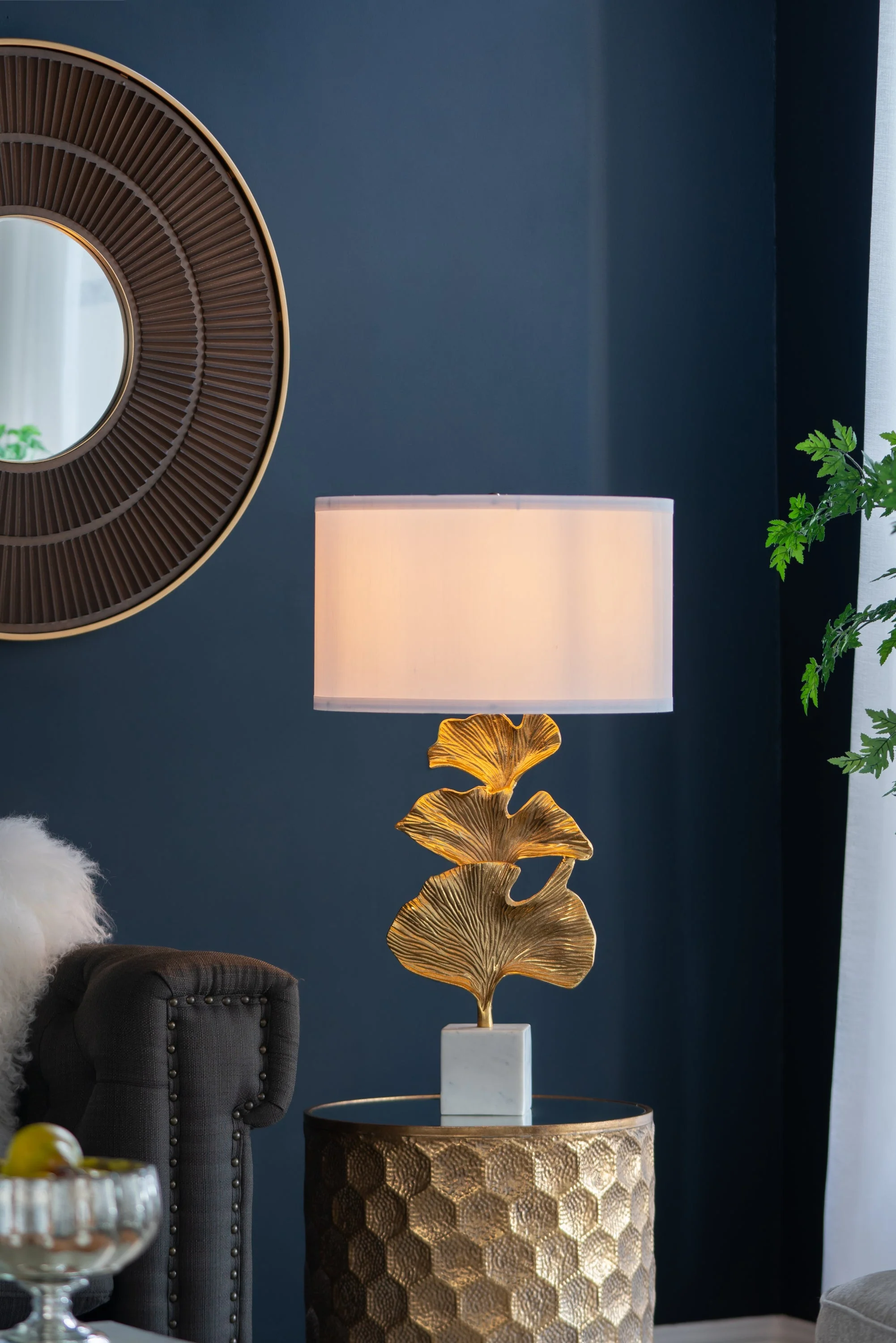 Gold Ginkgo Leaf Table Lamp with Marble Base and White Drum Shade - Image 12