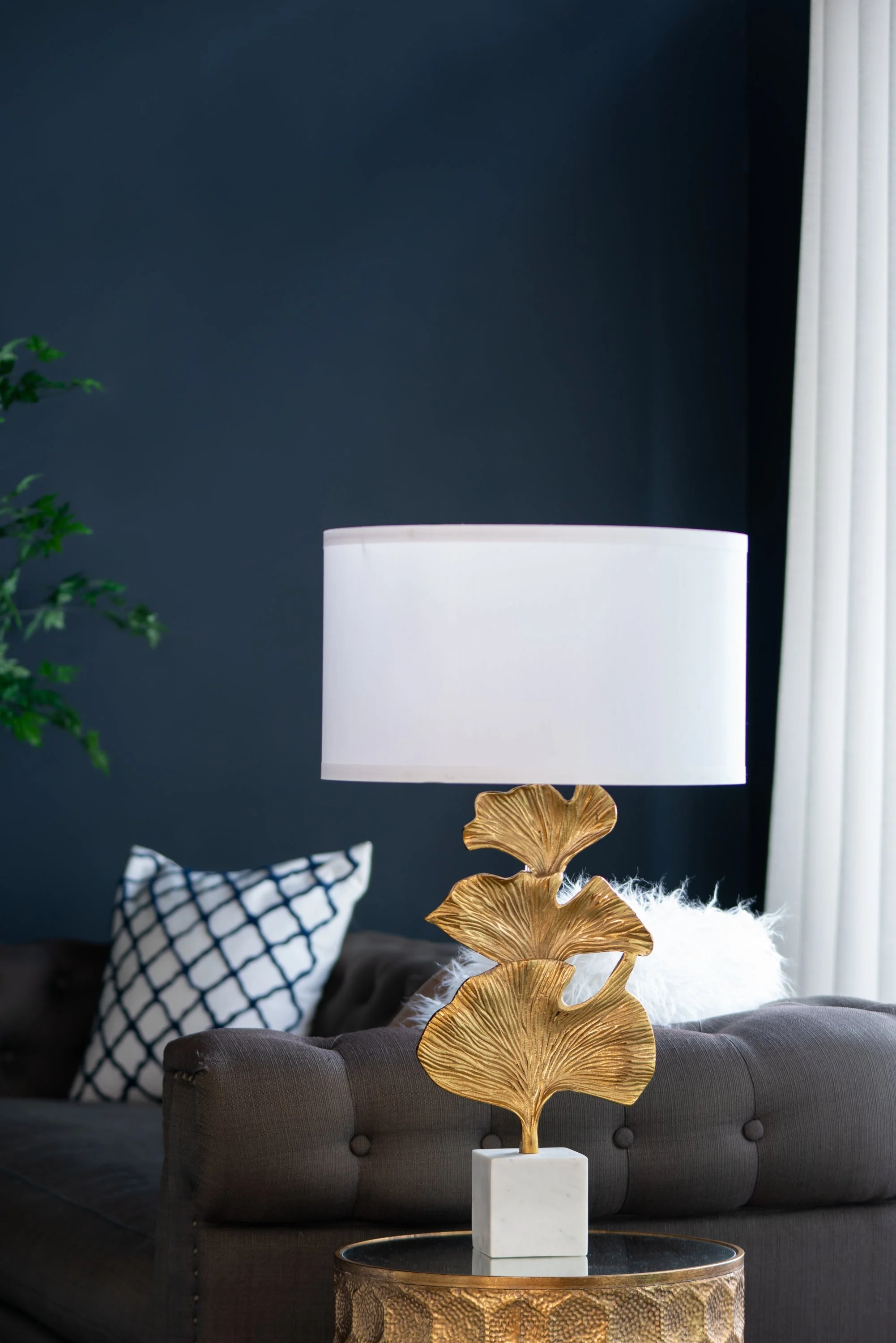 Gold Ginkgo Leaf Table Lamp with Marble Base and White Drum Shade - Image 13