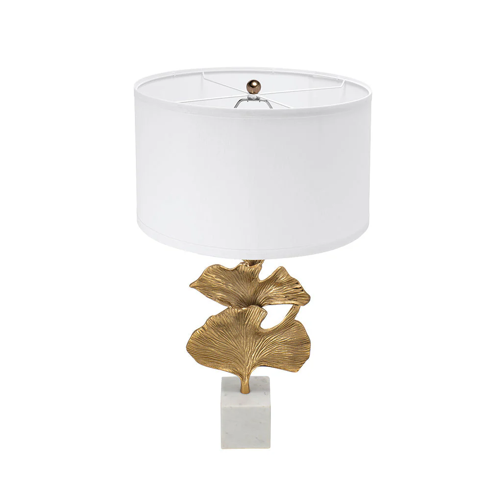 Gold Ginkgo Leaf Table Lamp with Marble Base and White Drum Shade - Image 2