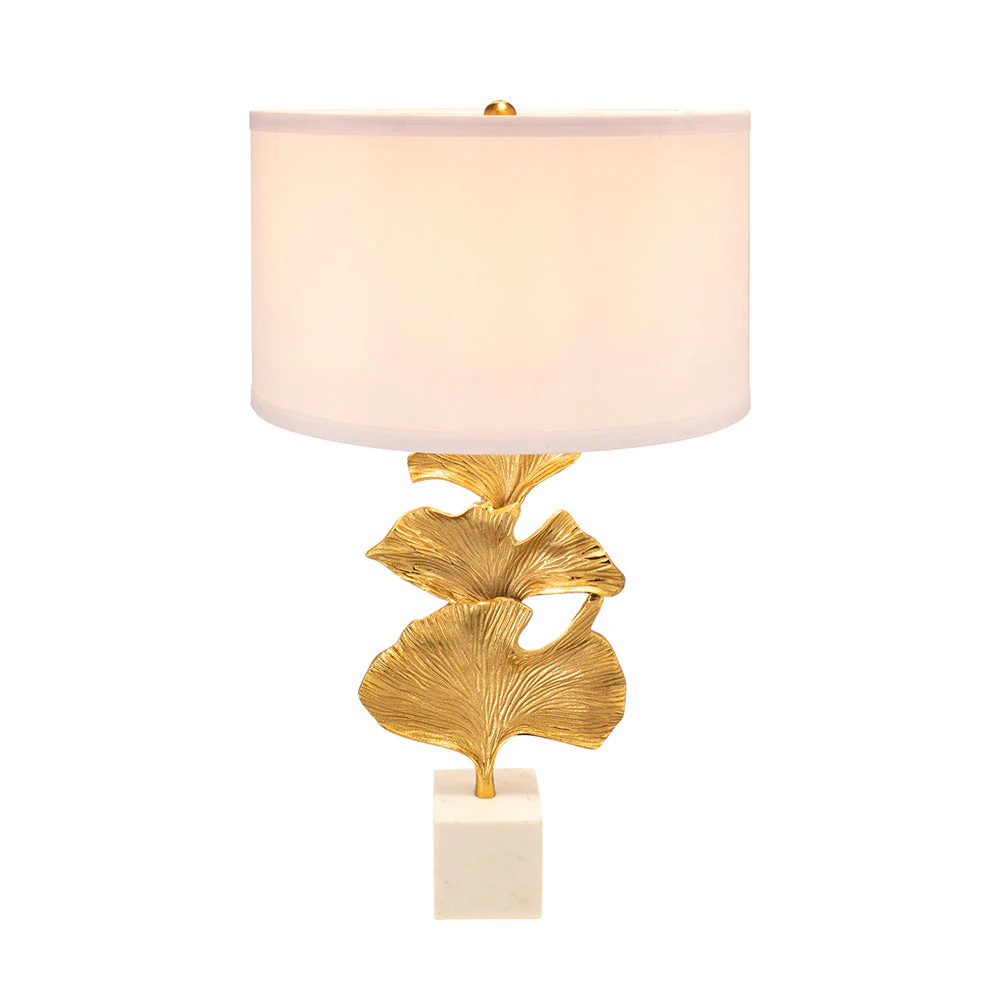 Gold Ginkgo Leaf Table Lamp with Marble Base and White Drum Shade - Image 3