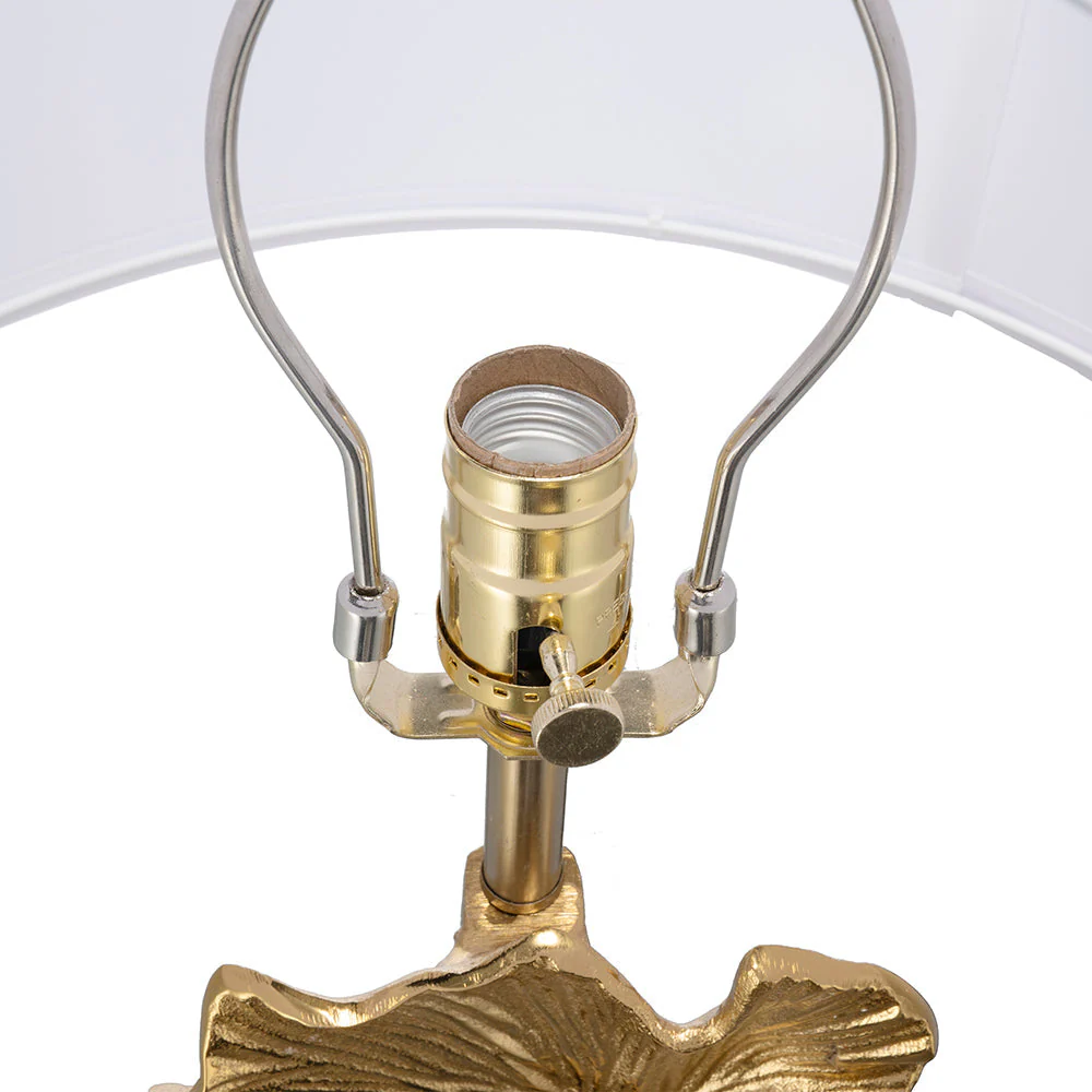 Gold Ginkgo Leaf Table Lamp with Marble Base and White Drum Shade - Image 4