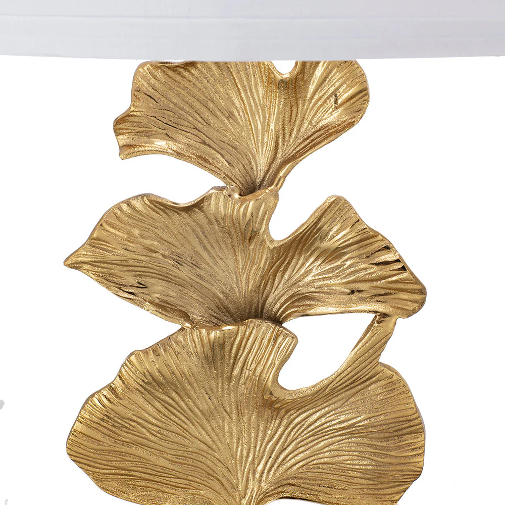 Gold Ginkgo Leaf Table Lamp with Marble Base and White Drum Shade - Image 5