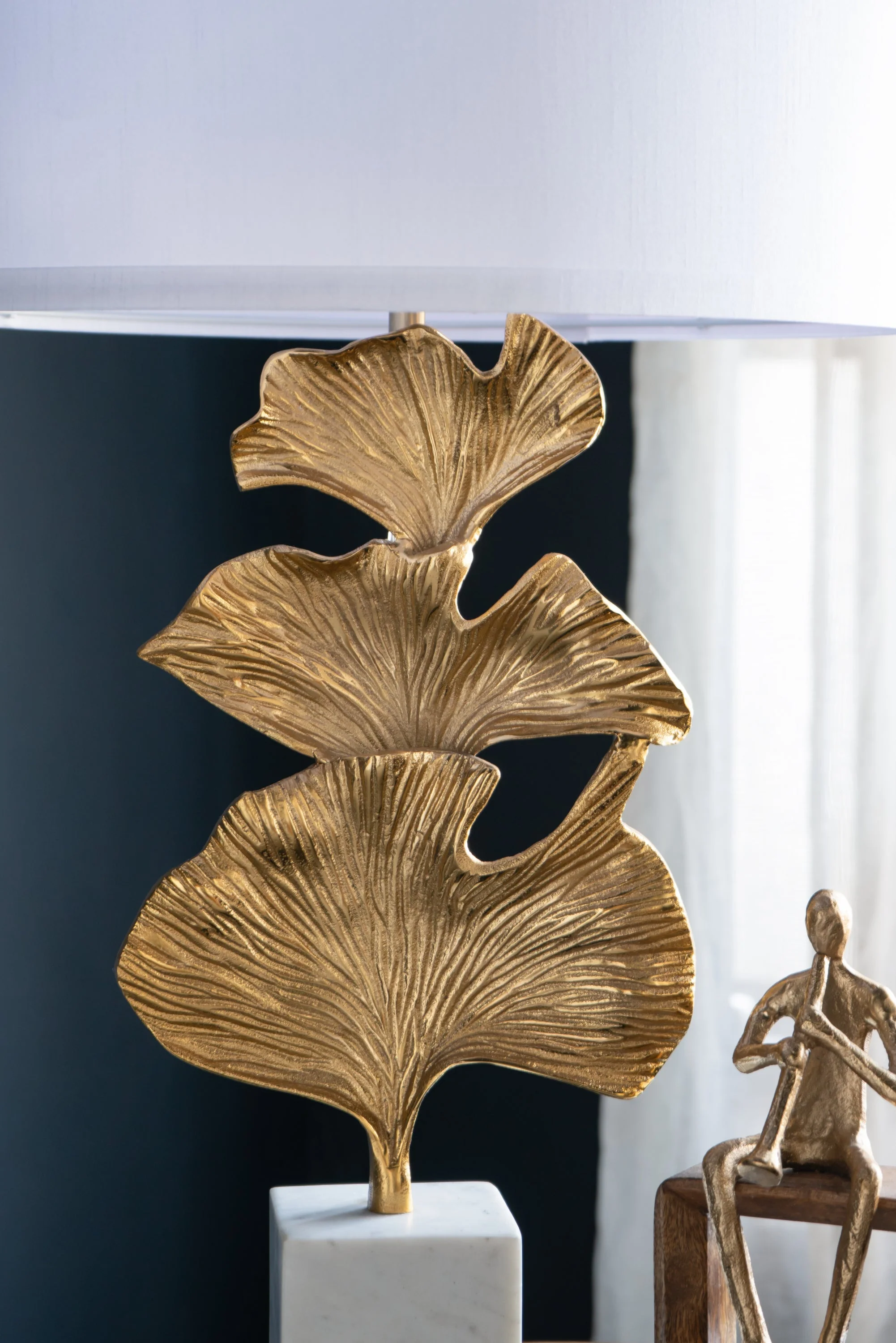 Gold Ginkgo Leaf Table Lamp with Marble Base and White Drum Shade - Image 6