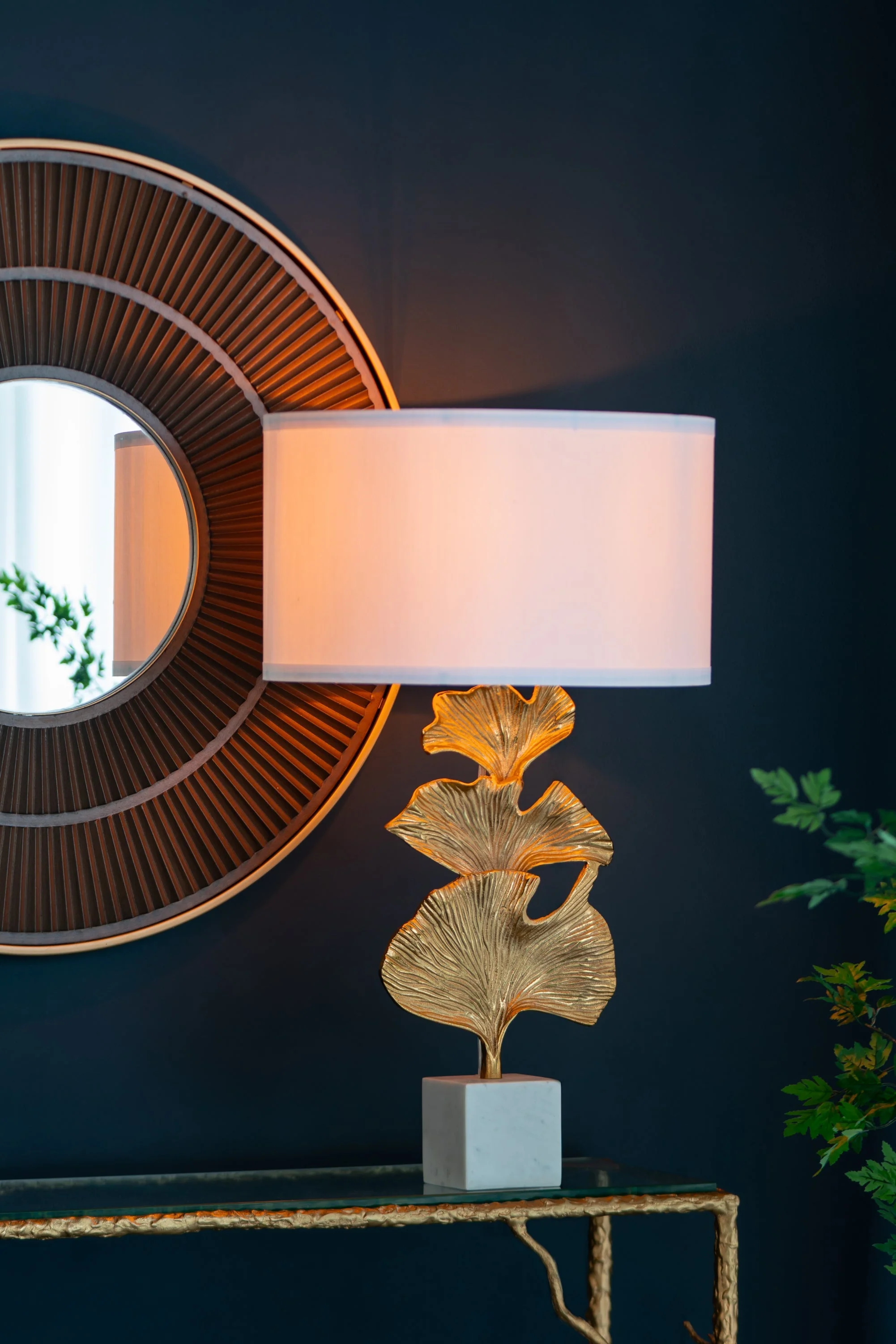 Gold Ginkgo Leaf Table Lamp with Marble Base and White Drum Shade - Image 8