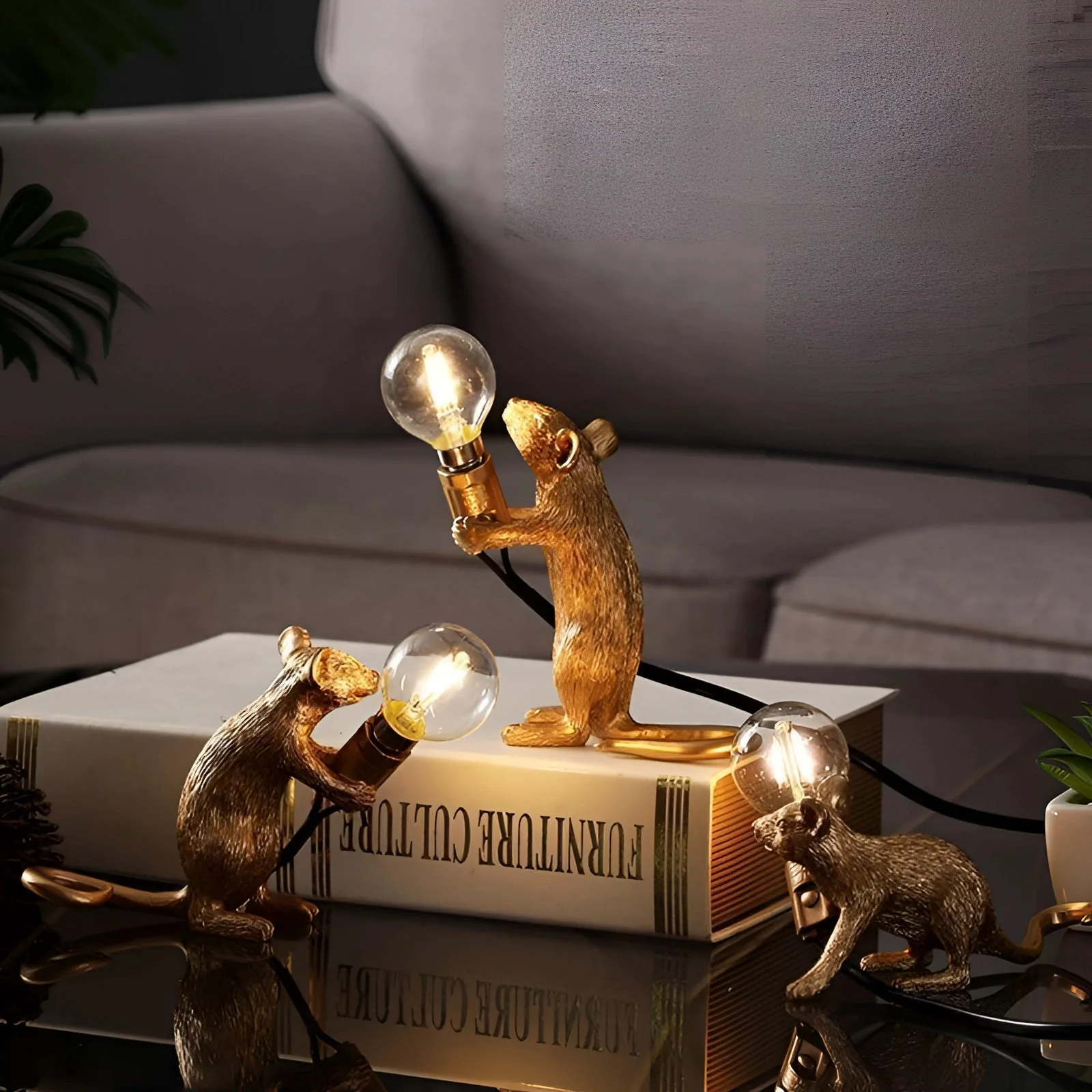 Gold Mouse Table Lamp Animal Shaped Desk Light Quirky Home Decor - Image 2