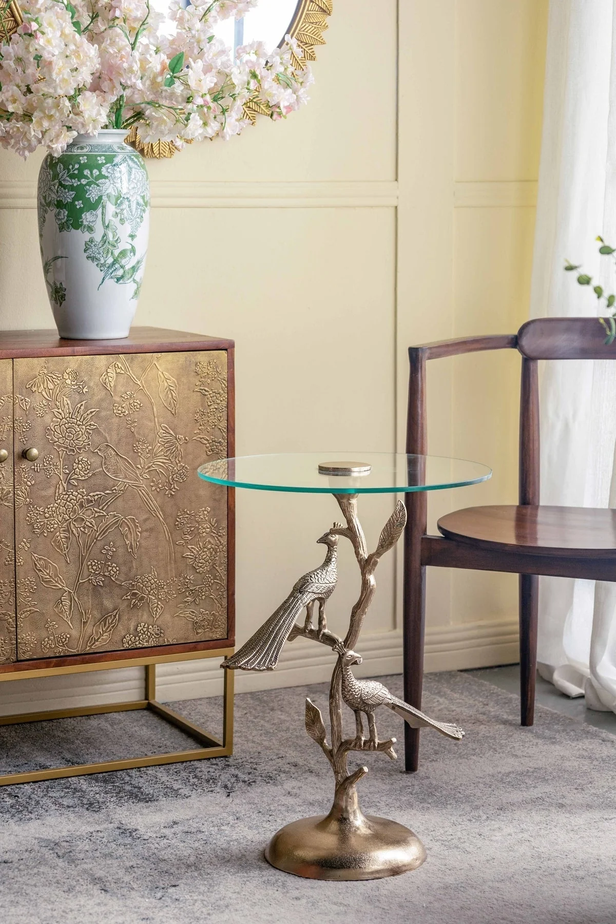 Gold Peacock Side Table with Round Glass Top - Image 2