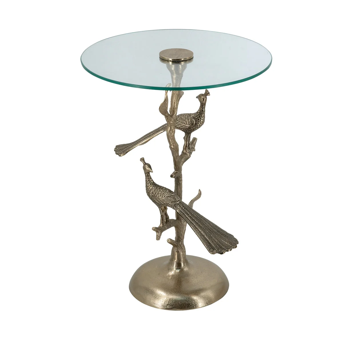 Gold Peacock Side Table with Round Glass Top - Image 3