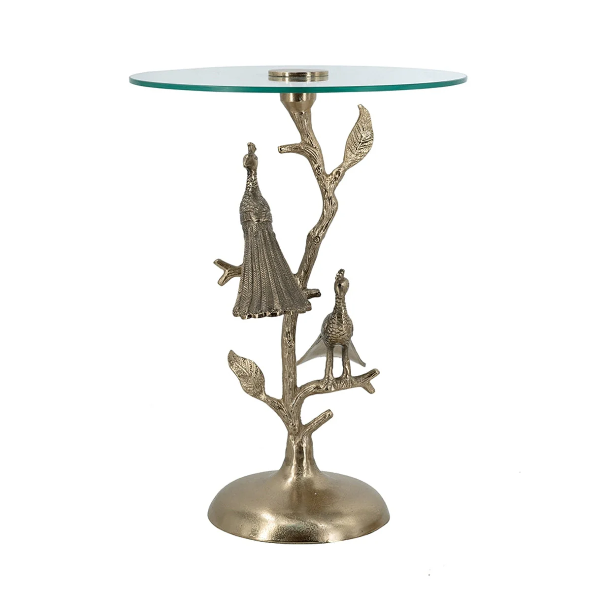 Gold Peacock Side Table with Round Glass Top - Image 4