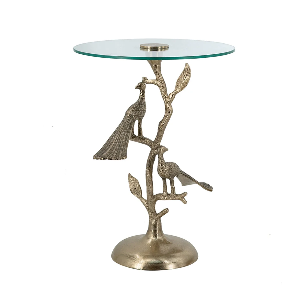 Gold Peacock Side Table with Round Glass Top - Image 5