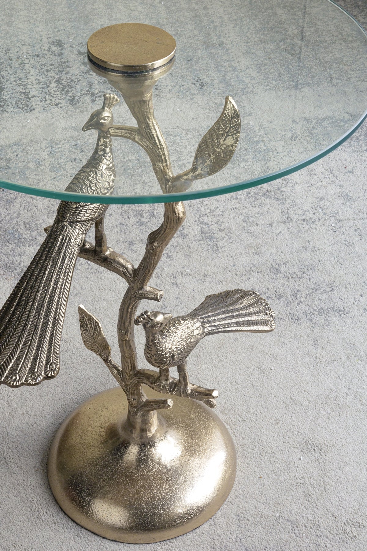 Gold Peacock Side Table with Round Glass Top - Image 7