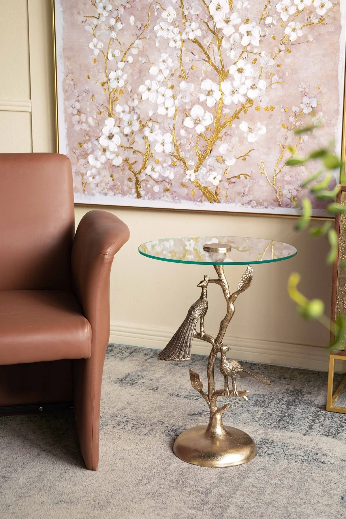 Gold Peacock Side Table with Round Glass Top - Image 8