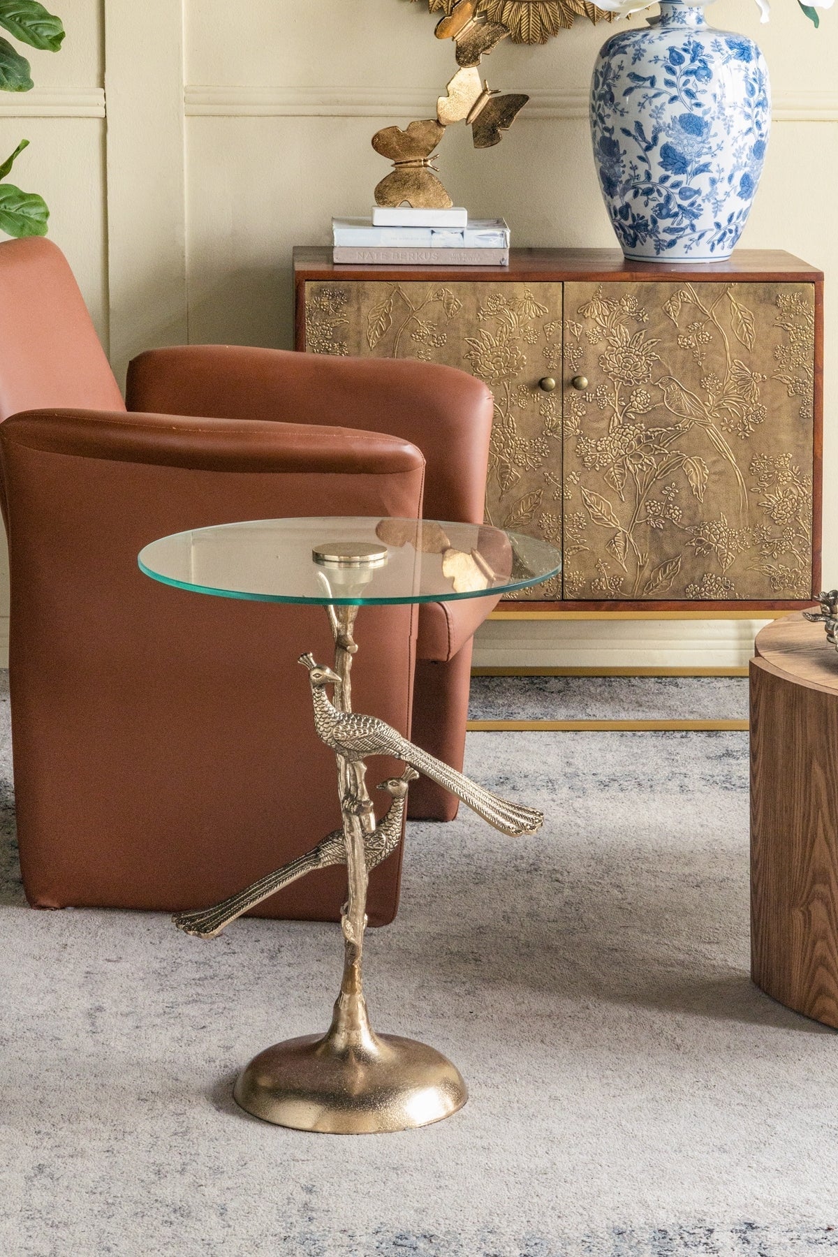 Gold Peacock Side Table with Round Glass Top - Image 9