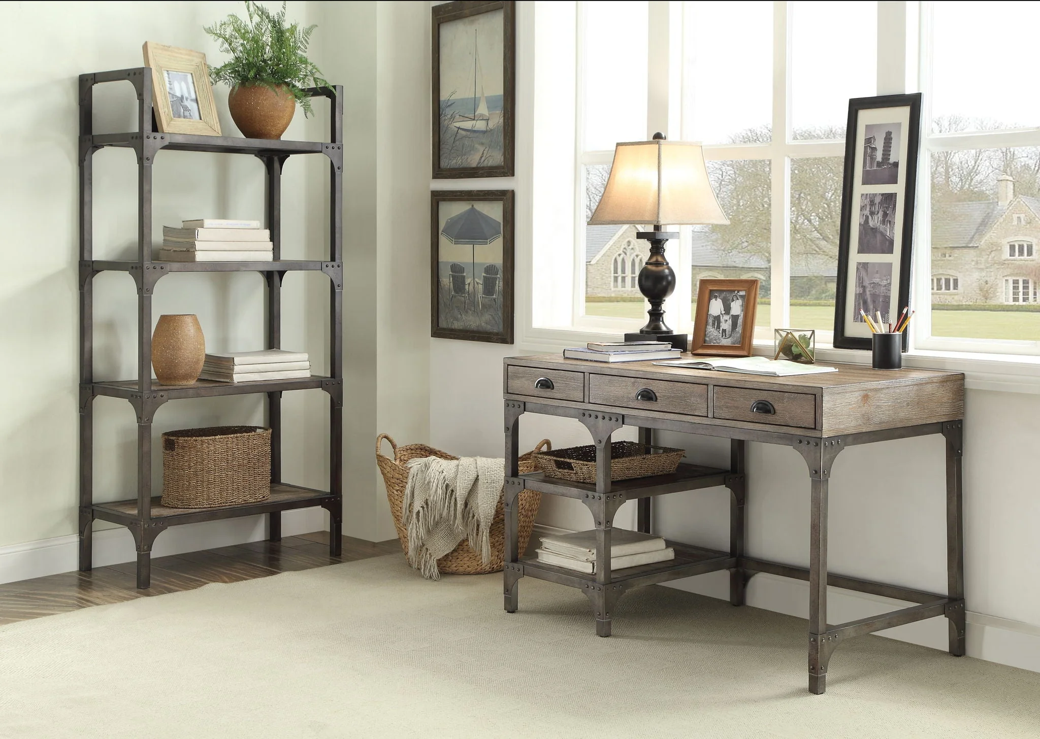Gorden - Weathered Antique Metal Writing Desk - Oak - Image 4