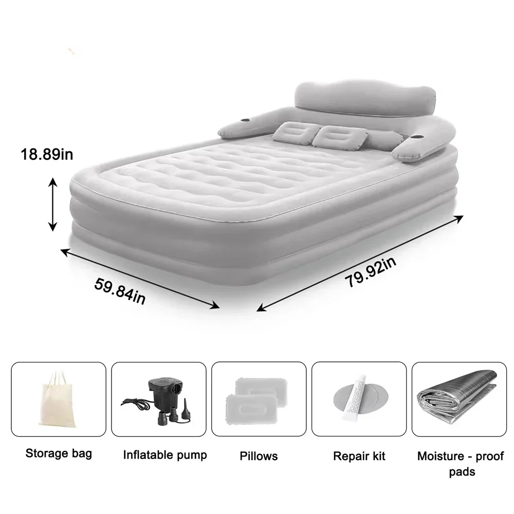 Gray 2-Person Inflatable Air Mattress 48cm High Folding Bed for Camping Home - Image 2