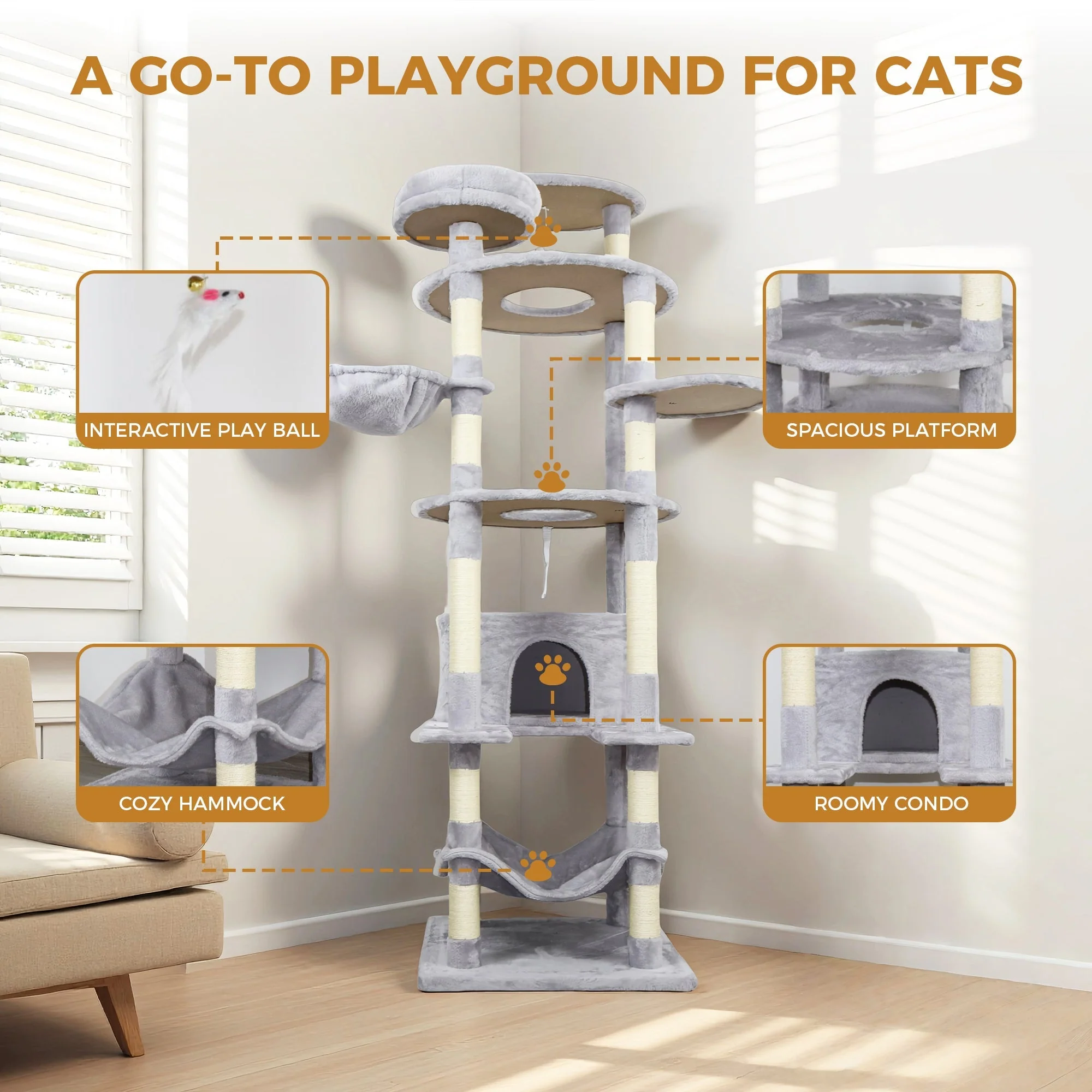 Gray Cat Tree with 3 Condos and Sisal Scratching Posts - Image 12