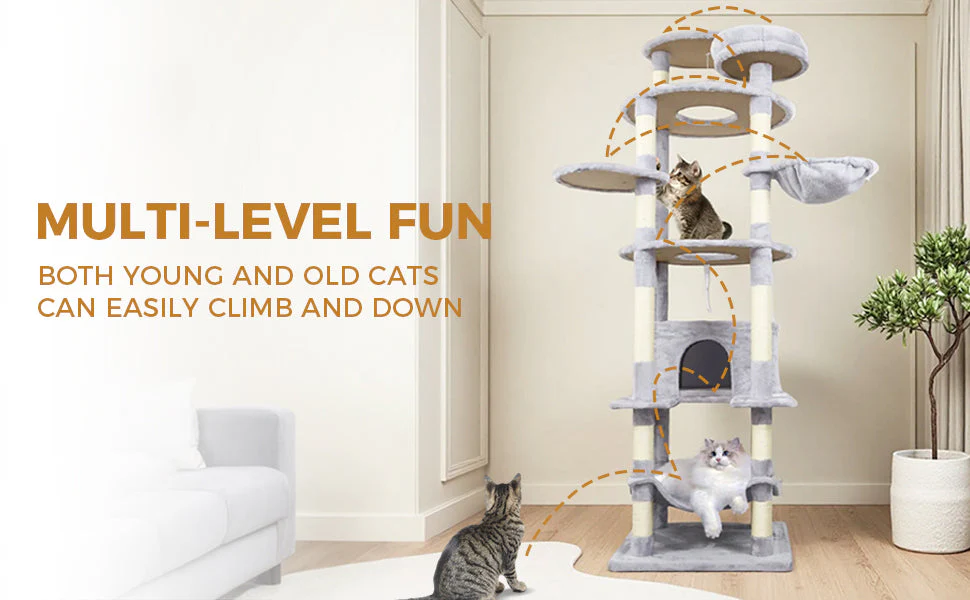 Gray Cat Tree with 3 Condos and Sisal Scratching Posts - Image 6