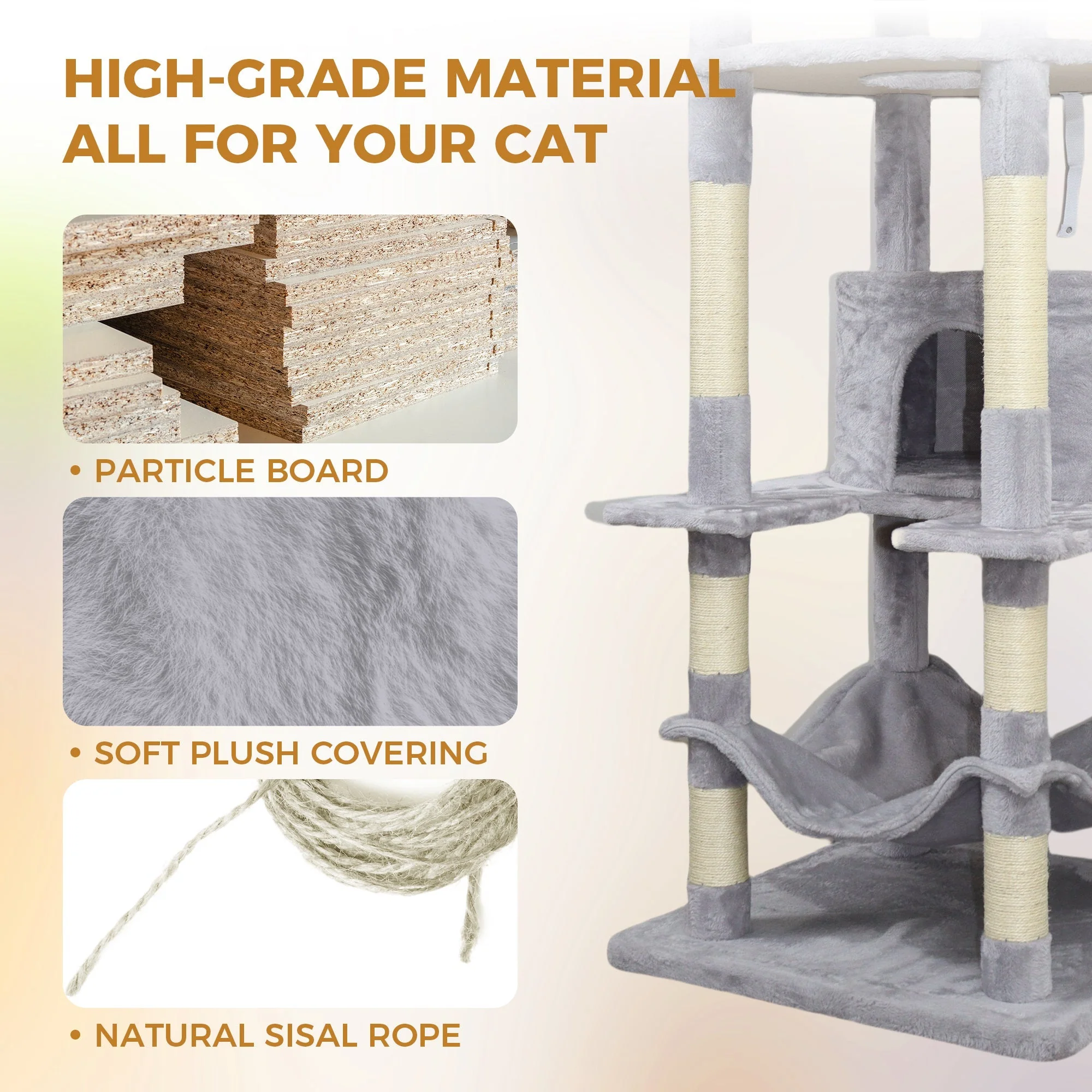 Gray Cat Tree with 3 Condos and Sisal Scratching Posts - Image 8